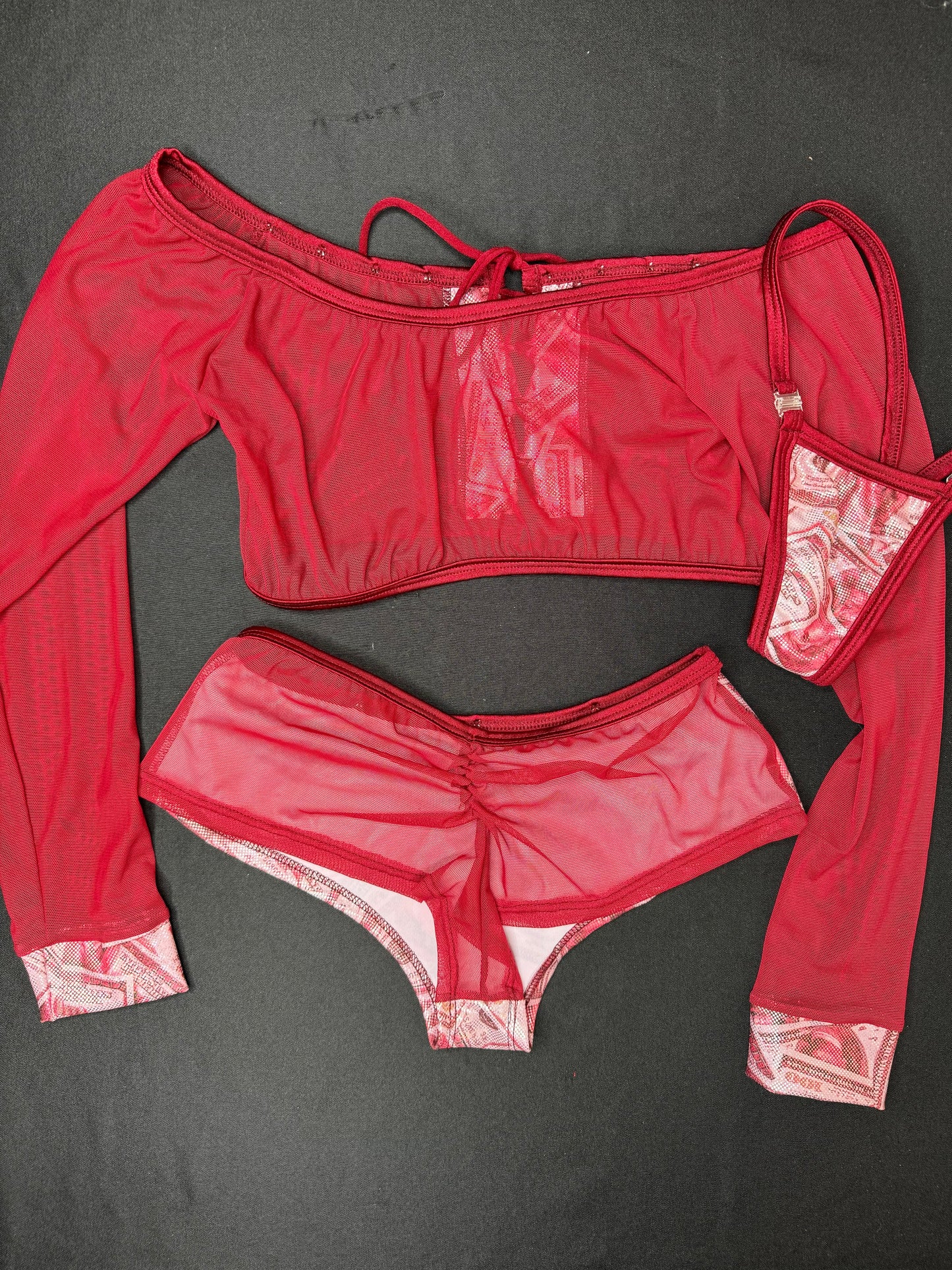 Burgundy Money Print/Mesh Two-Piece Lingerie Outfit