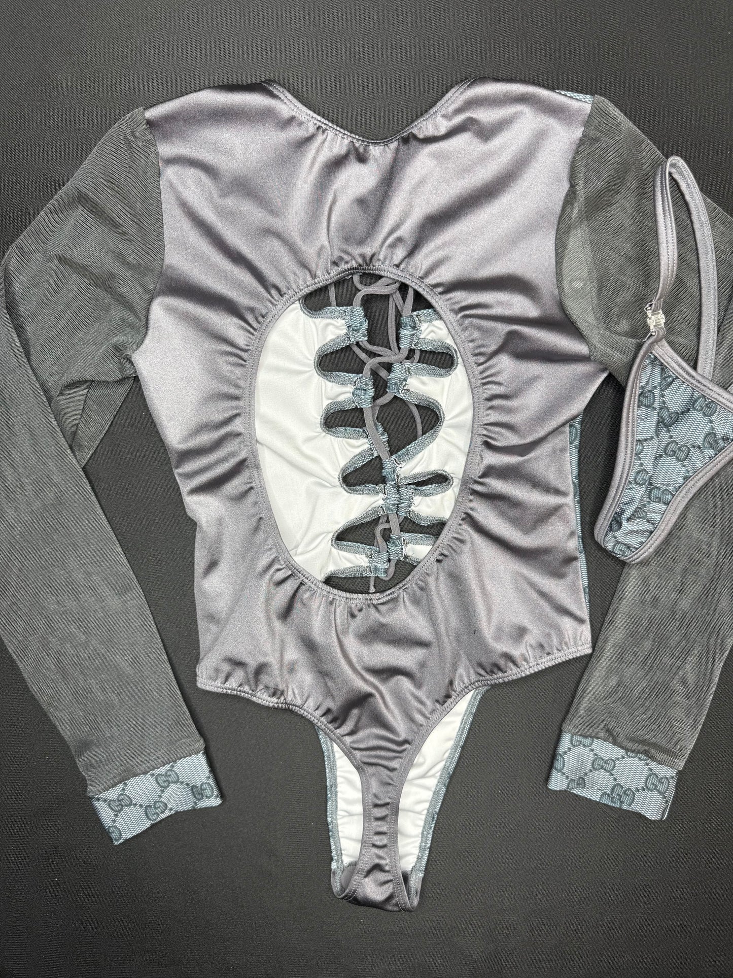 Designer Spandex/Charcoal Mesh One-Piece Leotard Outfit