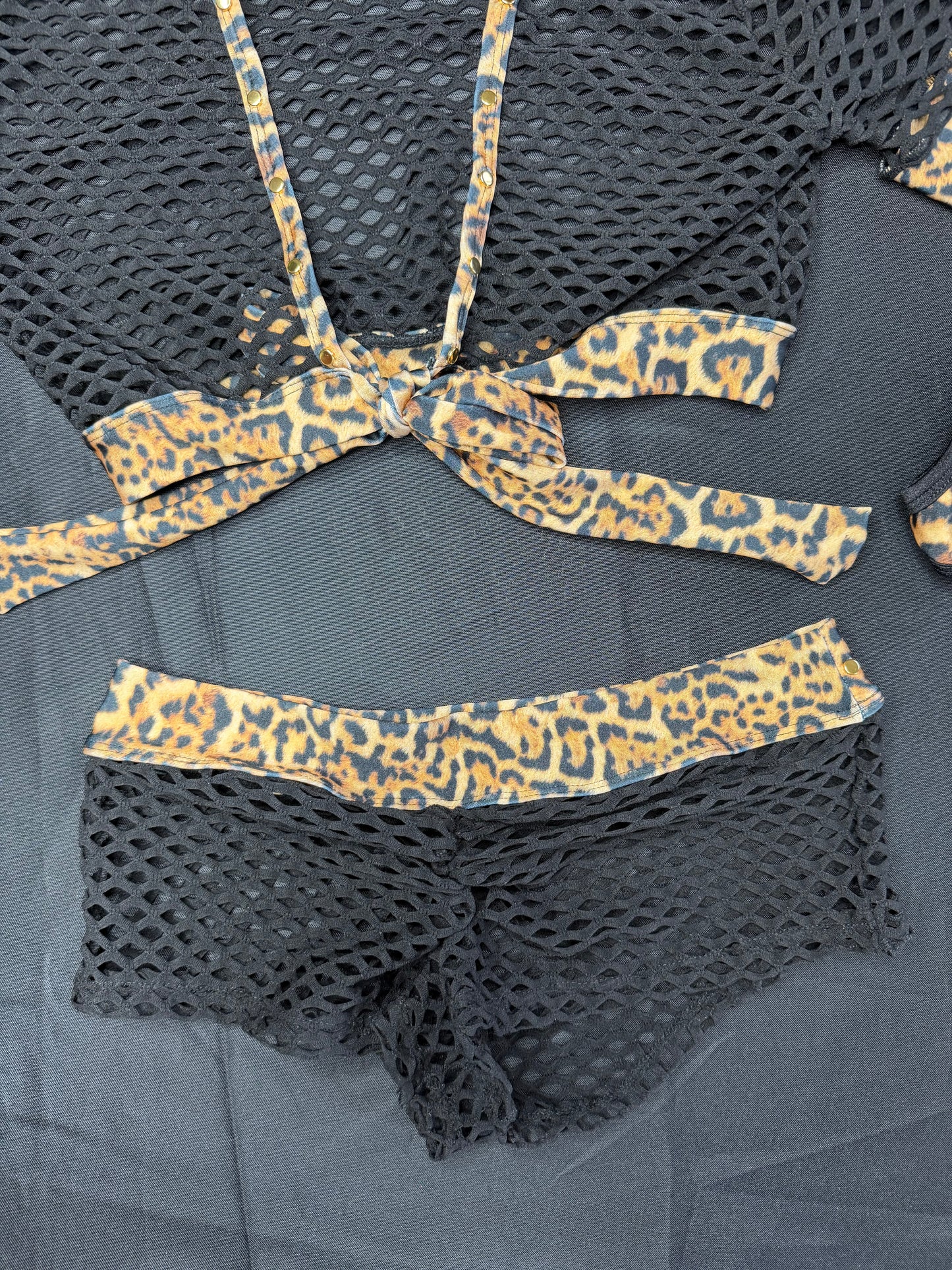 Black Fishnet/Cheetah Animal Print Short Sleeve Top/Shorts Two-Piece Lingerie Outfit