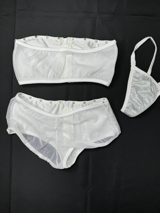 Metallic Silver/White Mesh Two-Piece Exotic Dancer Outfit