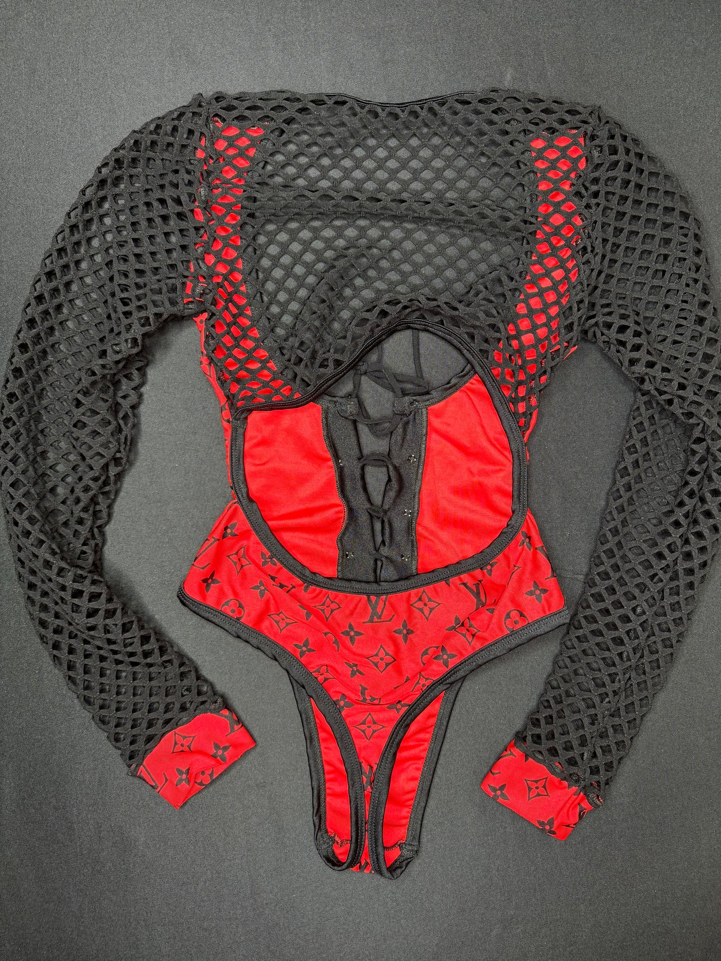 Red/Black Designer One-Piece Leotard/Bikini Top Lingerie Outfit