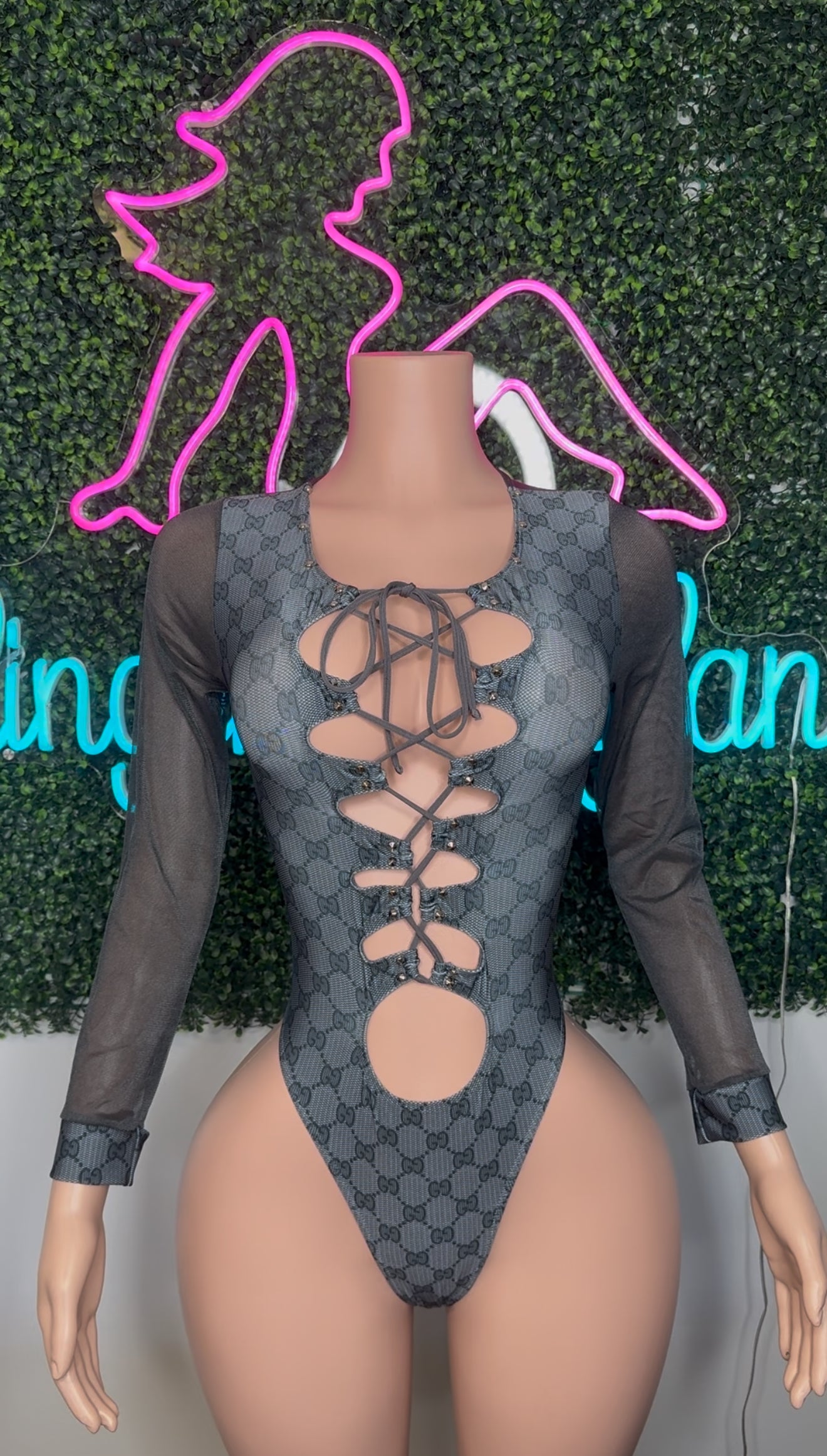 Designer Spandex/Charcoal Mesh One-Piece Leotard Outfit