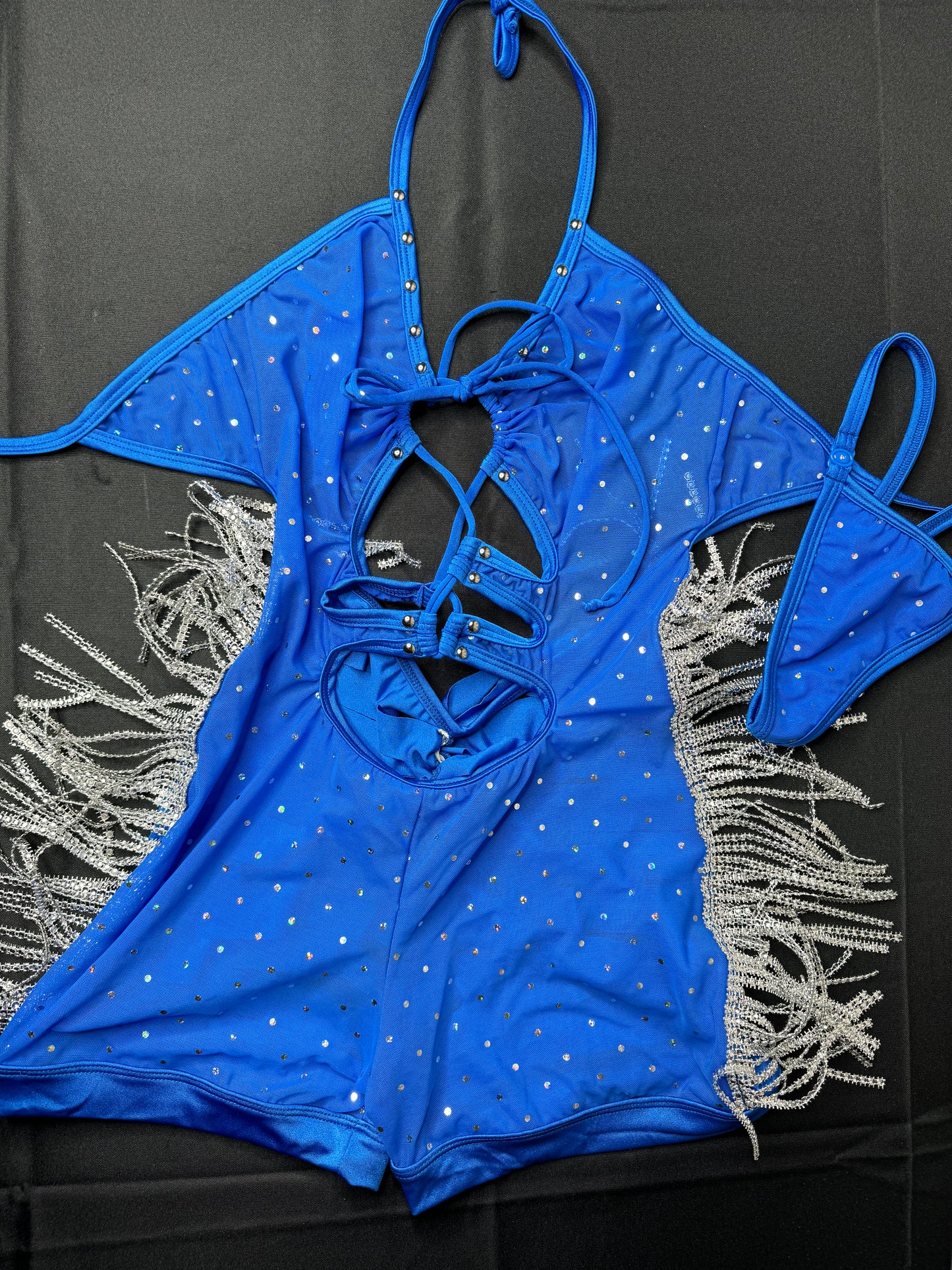 Royal Blue Mesh/Stretch Fabric Chrome Fringe Romper