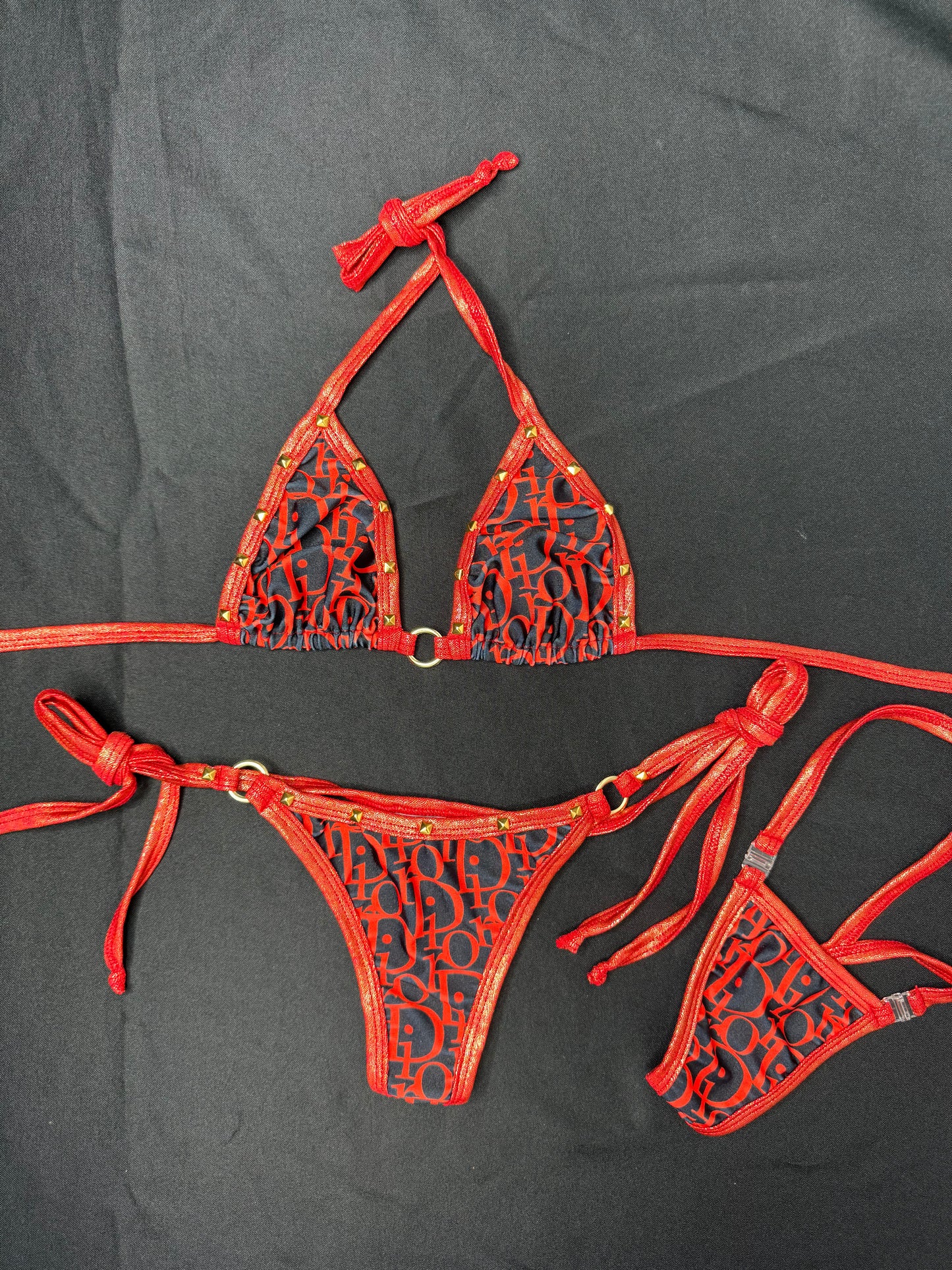 Metallic Red/Designer Spandex Two-Piece Lingerie Outfit
