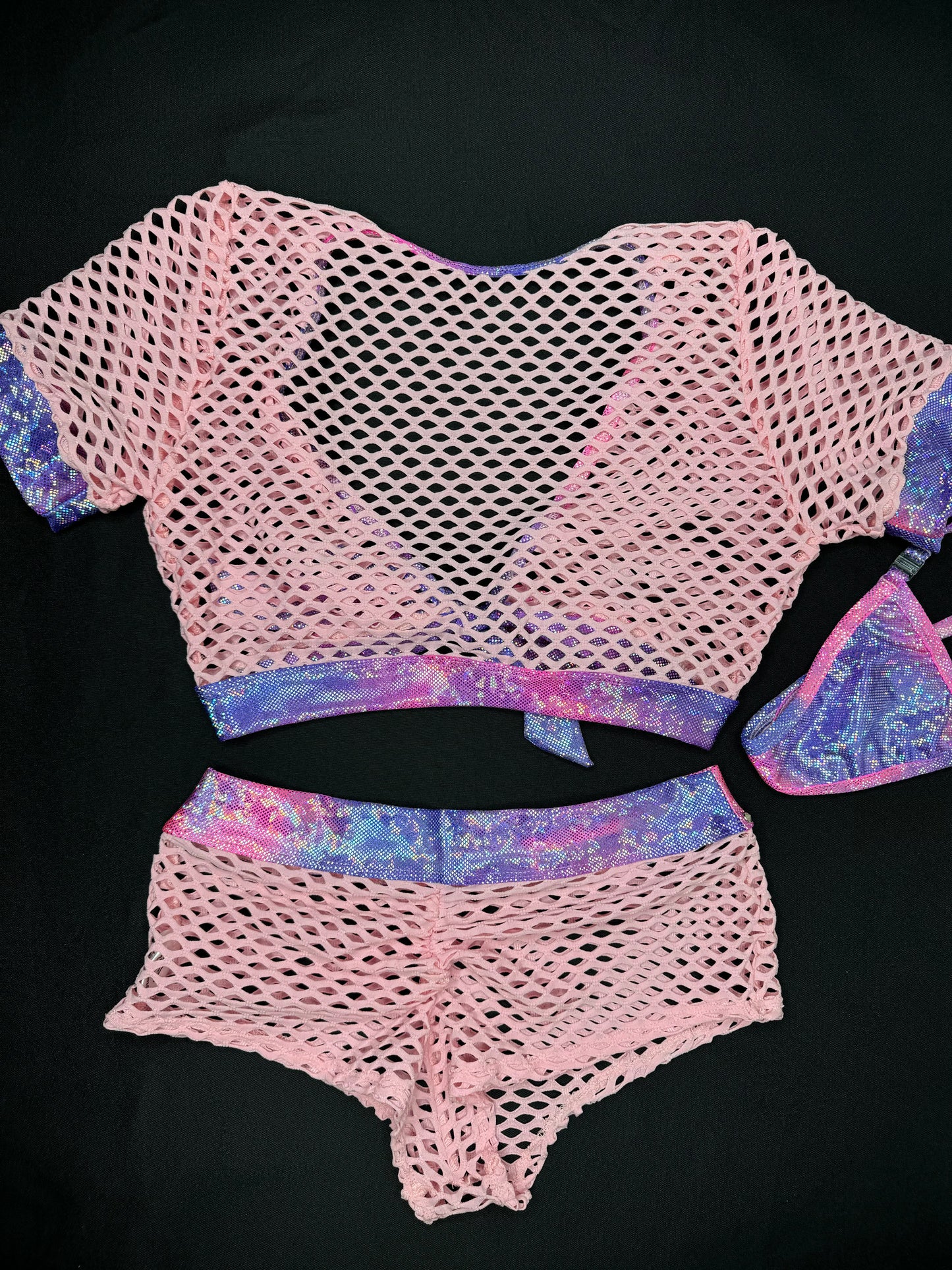 Metallic Purple/Pink Spandex/Baby Pink Fishnet Two-Piece Shorts Lingerie Outfit