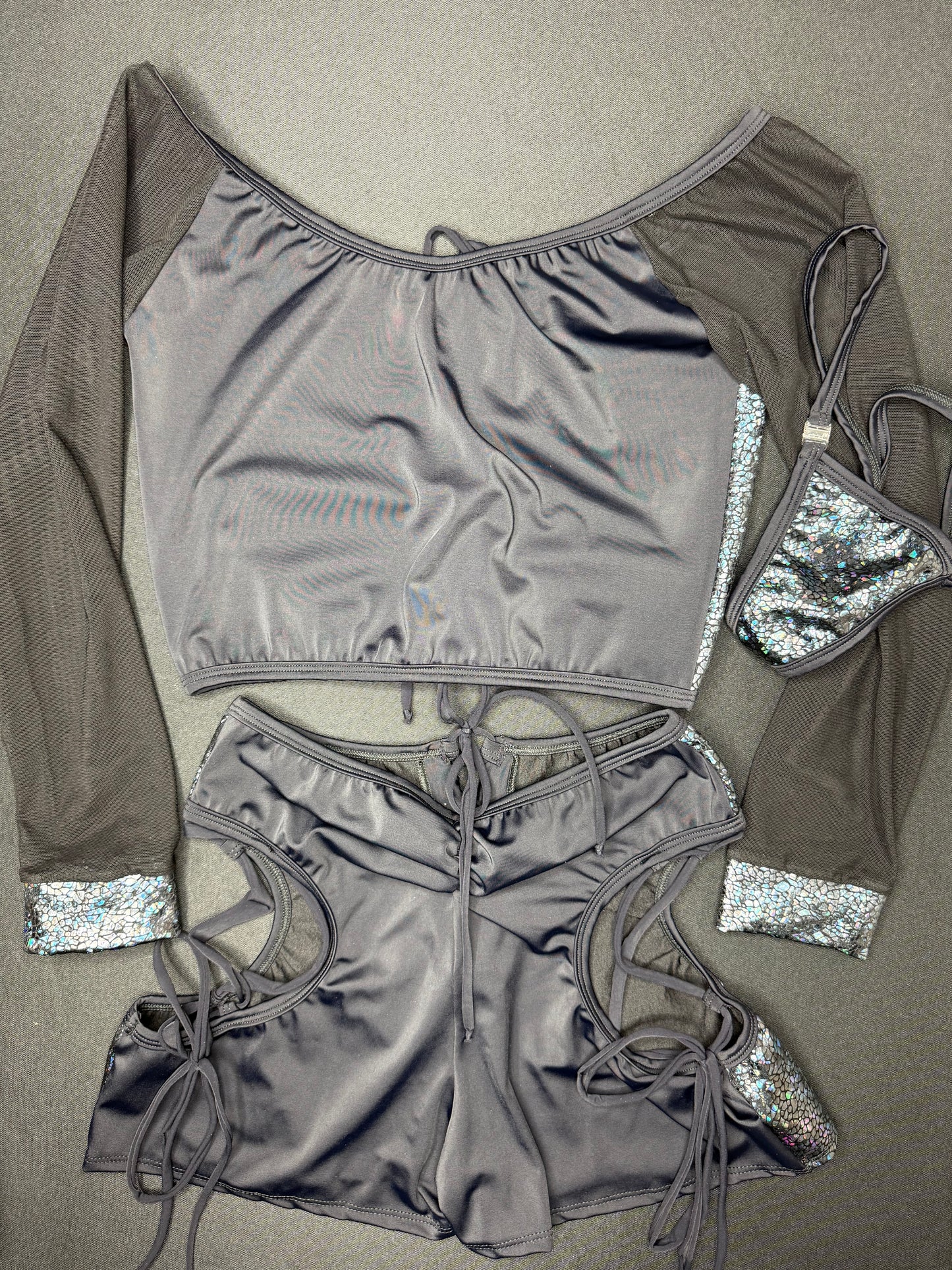 Metallic Black Spandex/Black Mesh Long Sleeve Top/Shorts Two-Piece Lingerie Outfit