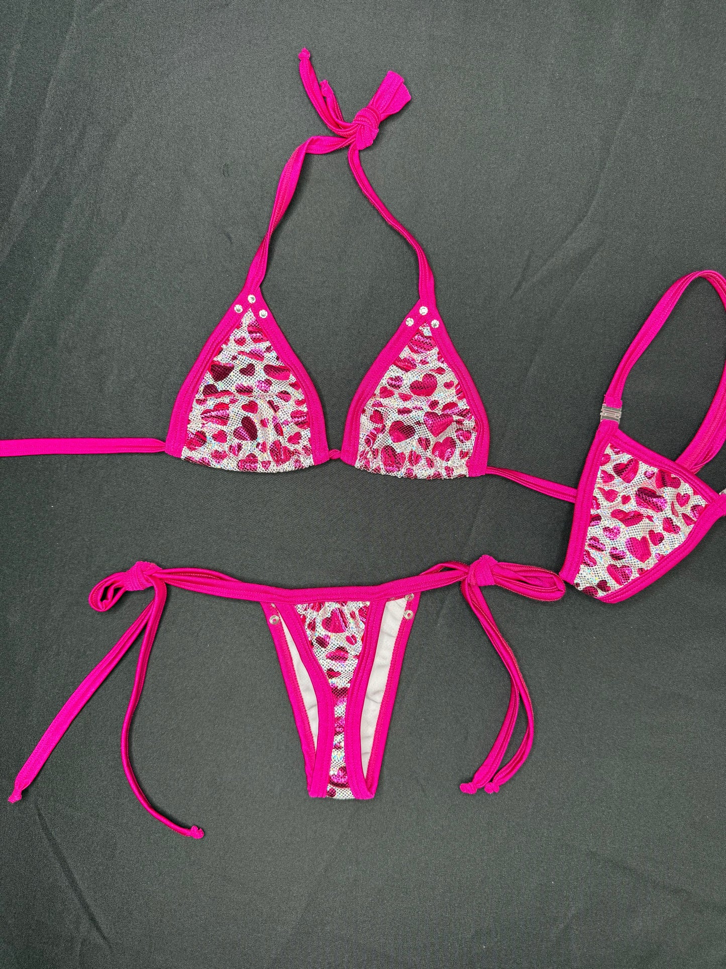 Pink/Hot Pink/Silver Spandex Two-Piece Side-Tie Bikini Lingerie Outfit