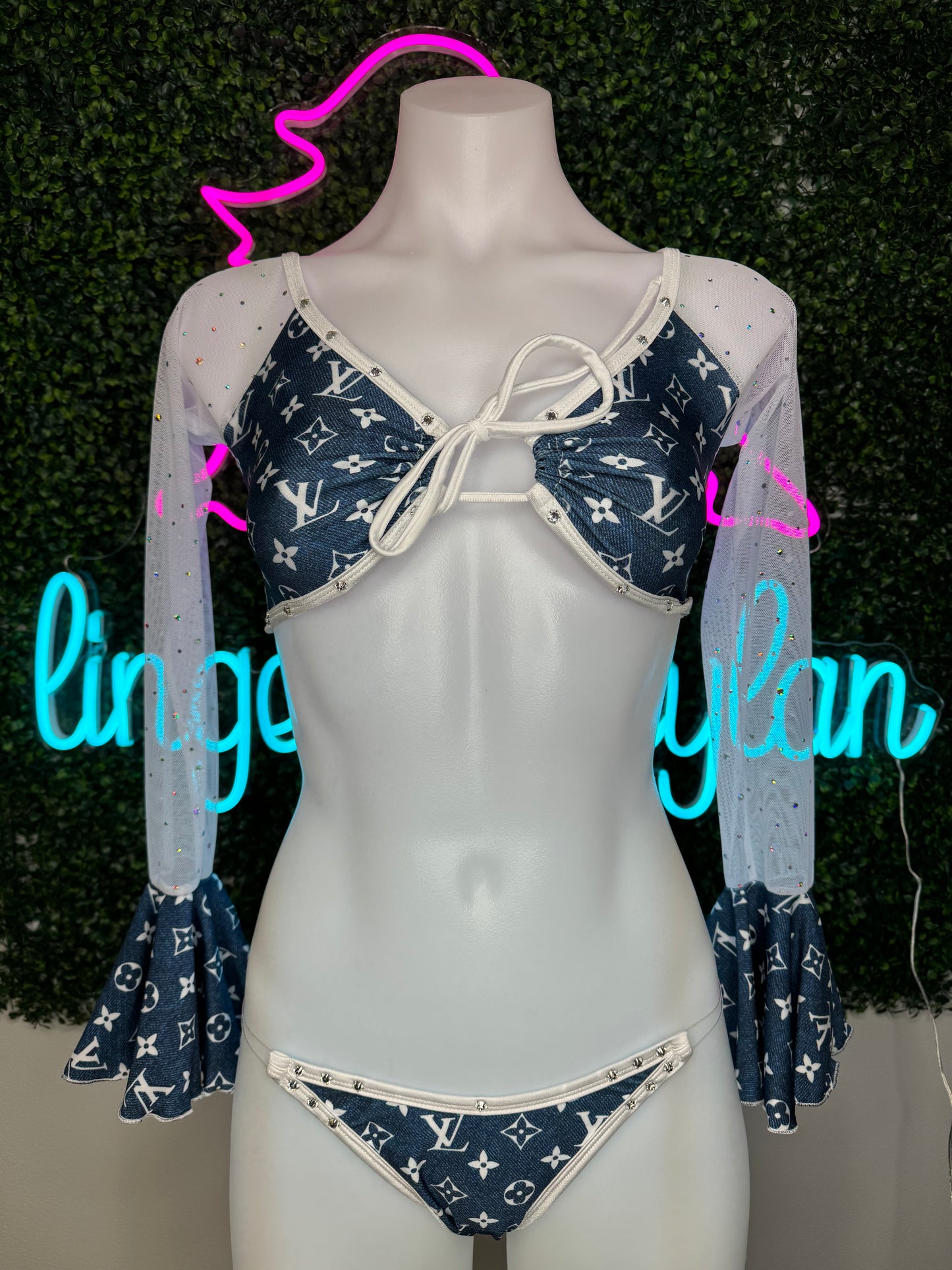Denim Print/White Mesh Stripper Outfit