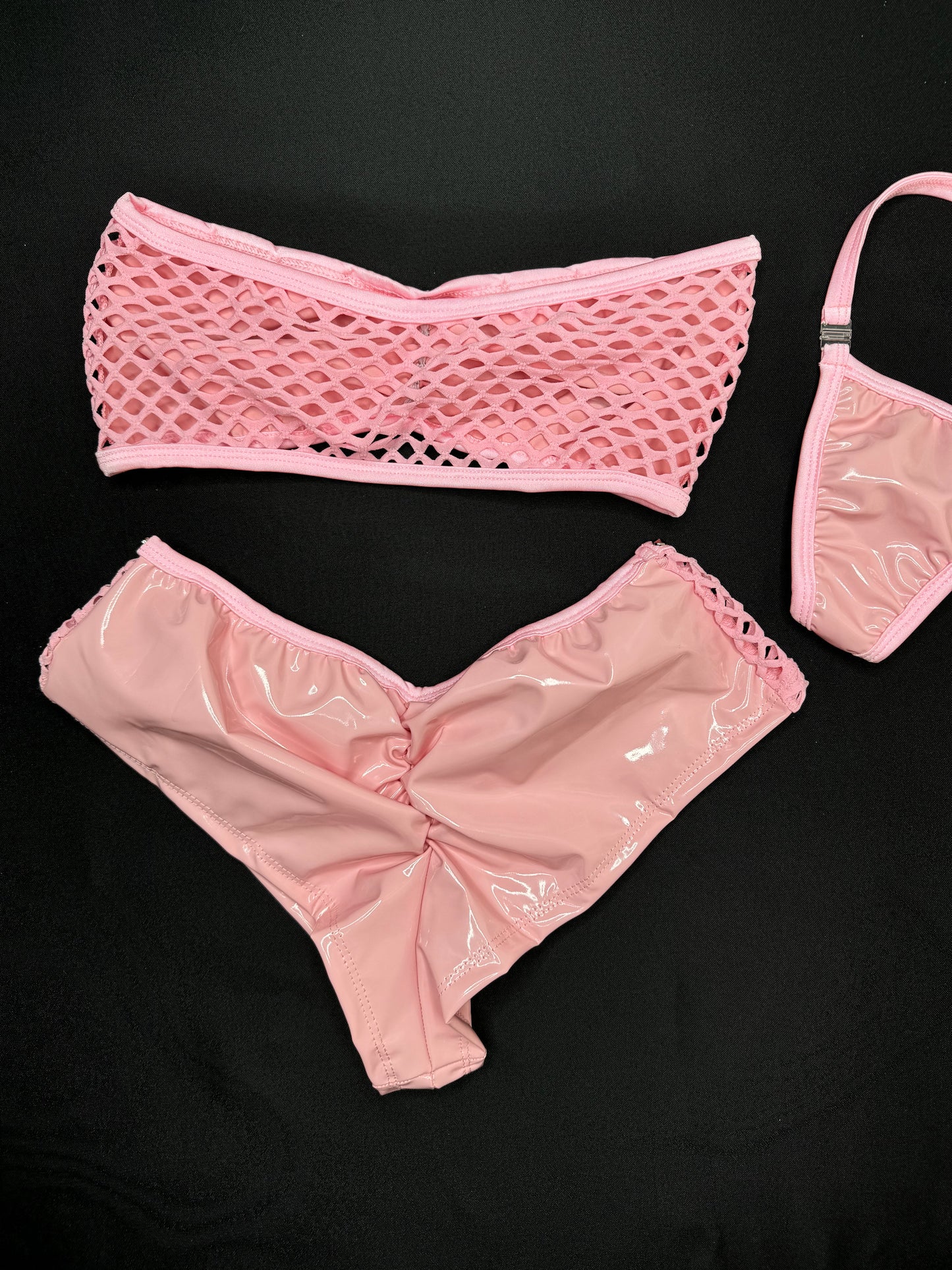 Baby Pink Latex/Fishnet Tube Top/Shorts Two-Piece Lingerie Outfit