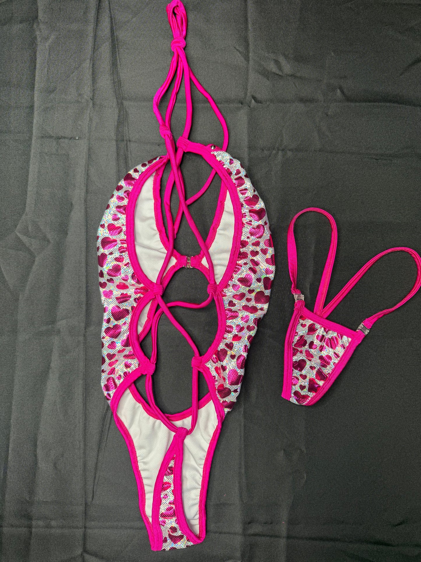 Metallic Heart/Hot Pink Spandex One-Piece Lingerie Outfit