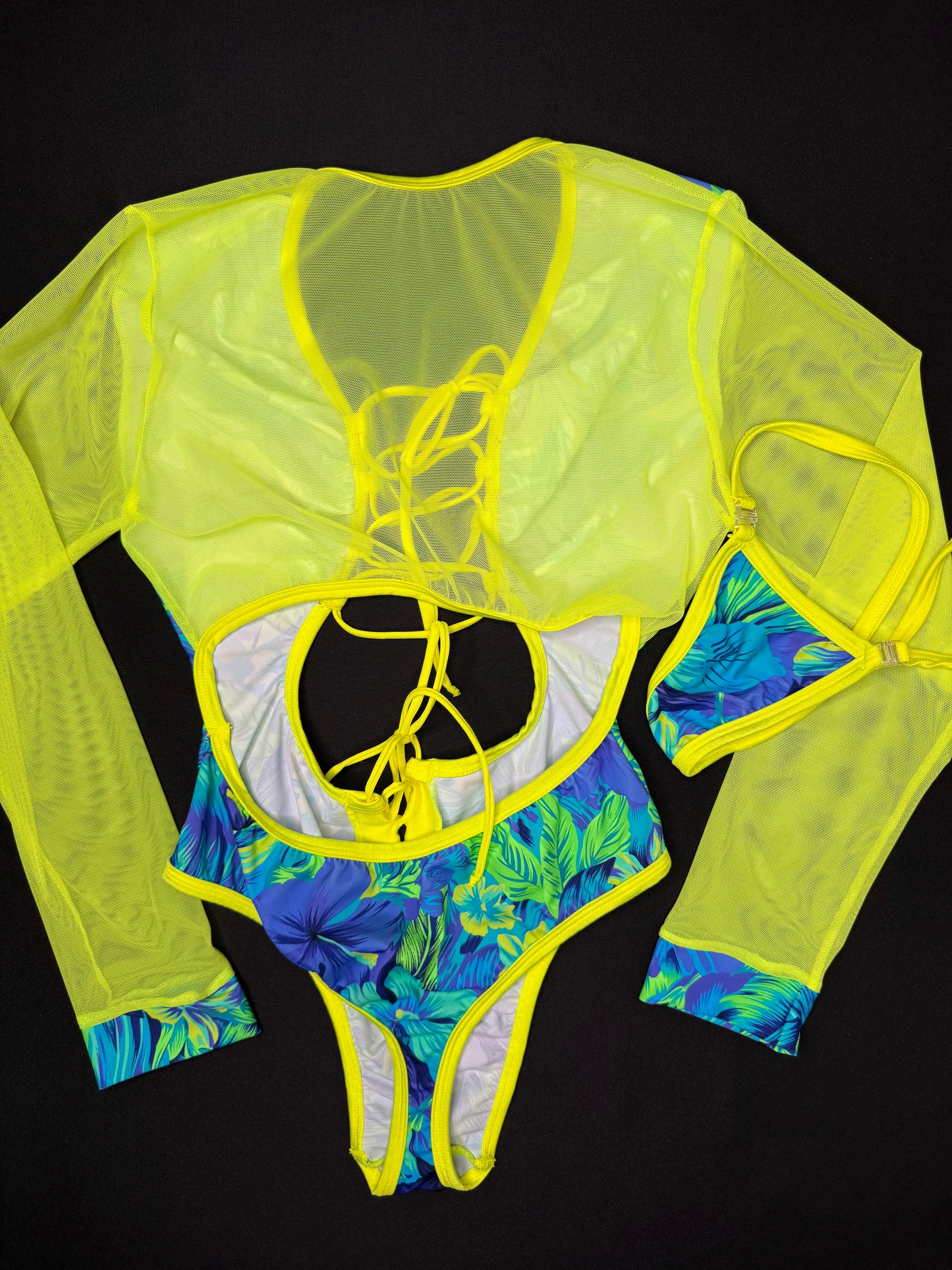 Blue/Green Flower Pattern Spandex/Neon Yellow Mesh One-Piece Leotard Outfit