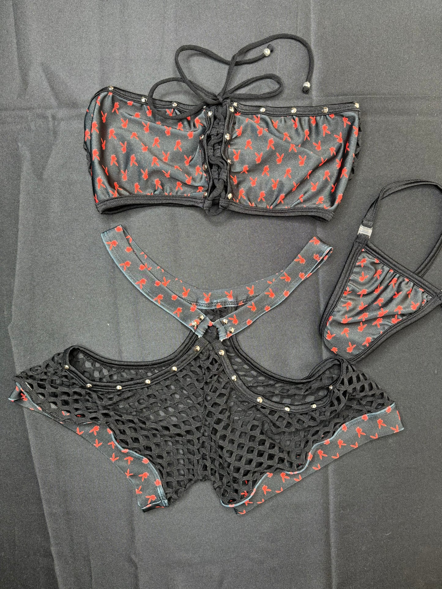 Black/Red Spandex/Fishnet Two-Piece Exotic Dancer Bunny Outfit