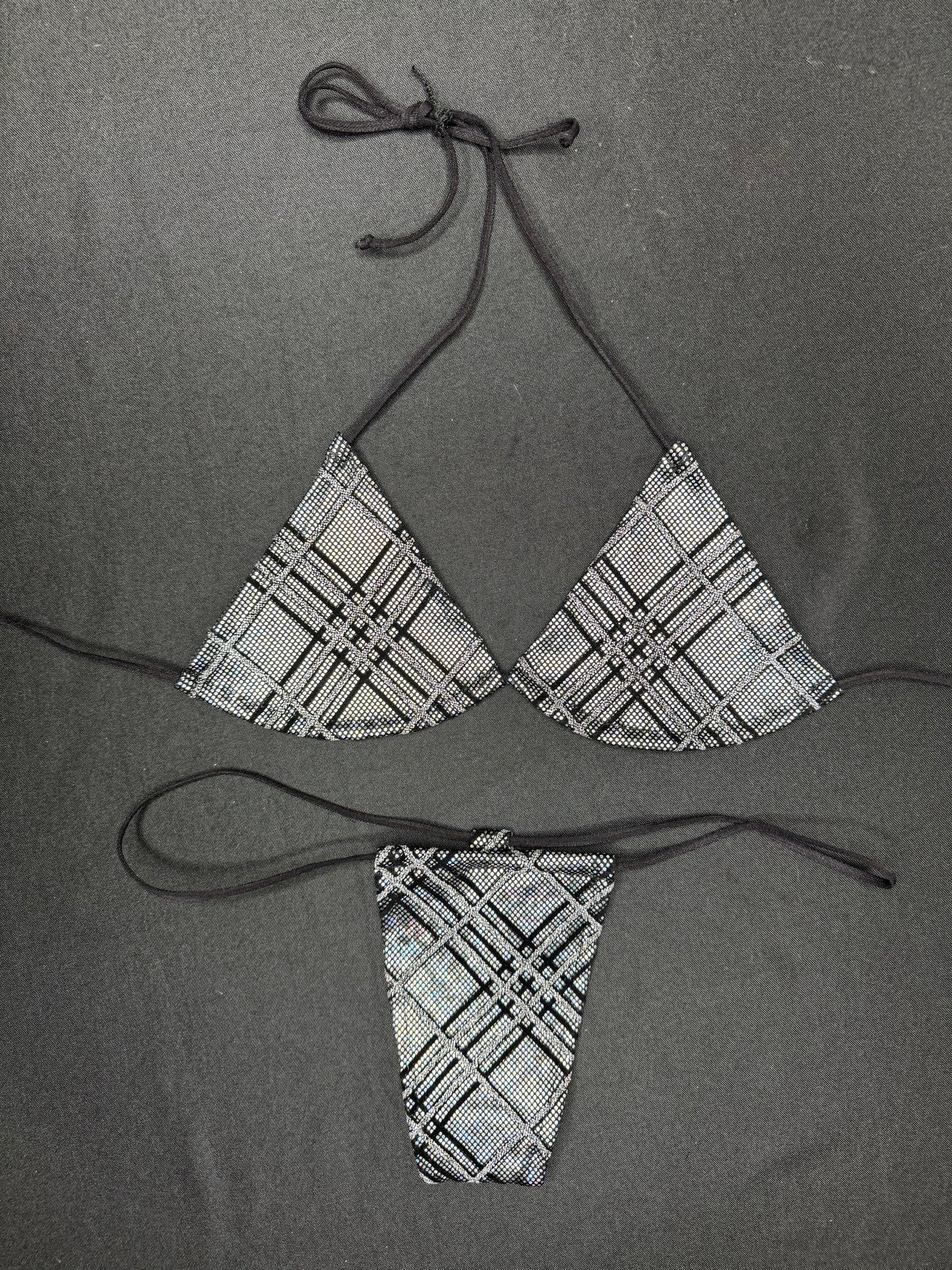 Silver Plaid Micro Bikini Lingerie Outfit
