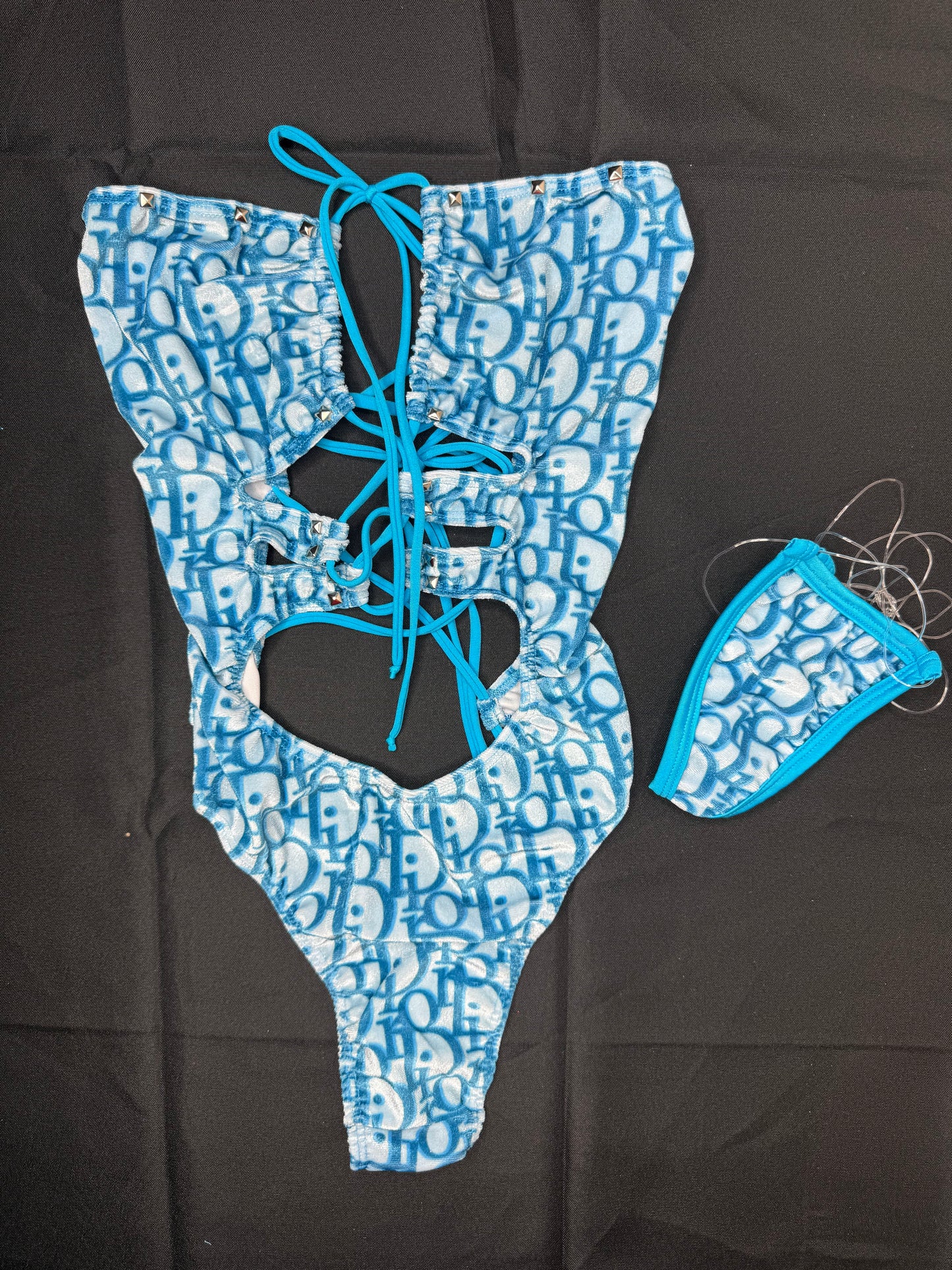Baby Blue Designer One-Piece VELVET Lingerie Outfit