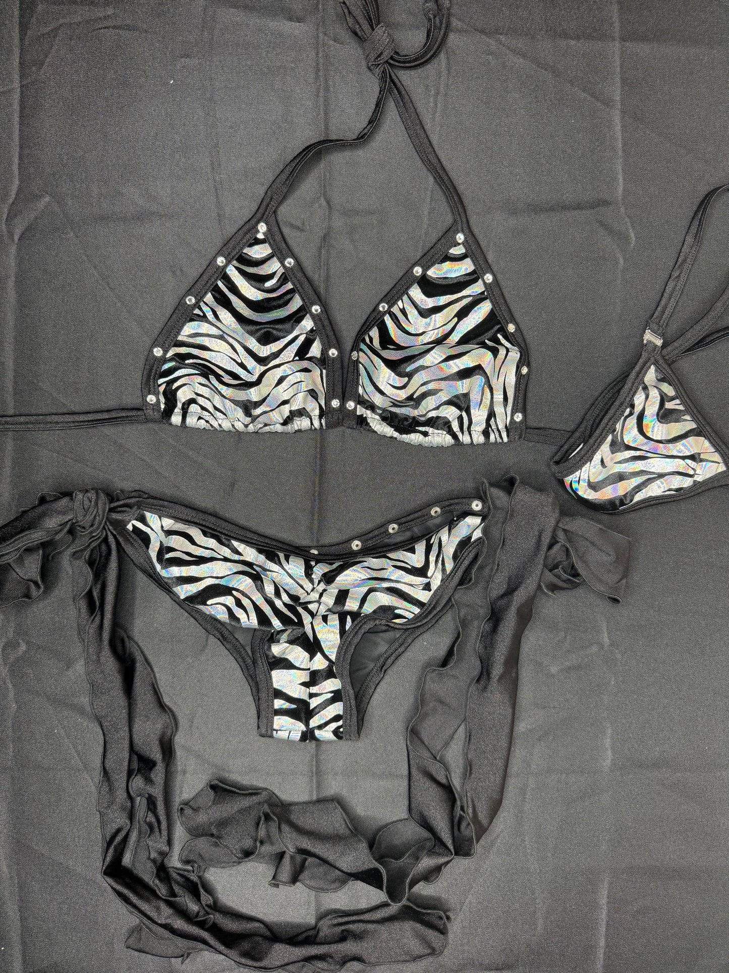 Black/Silver Animal Print Spandex Bikini Top/Side-Tie Bikini Bottoms Lingerie Outfit
