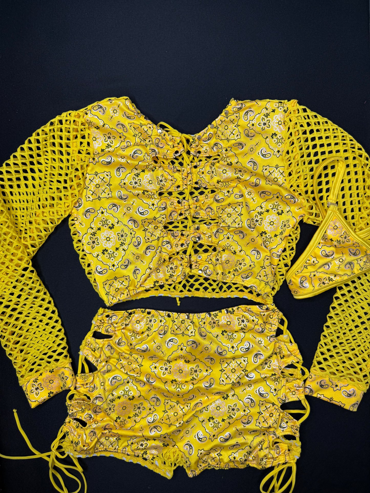 Yellow Bandana/Fishnet Spandex Long Sleeve Top/Shorts Two-Piece Lingerie Outfit