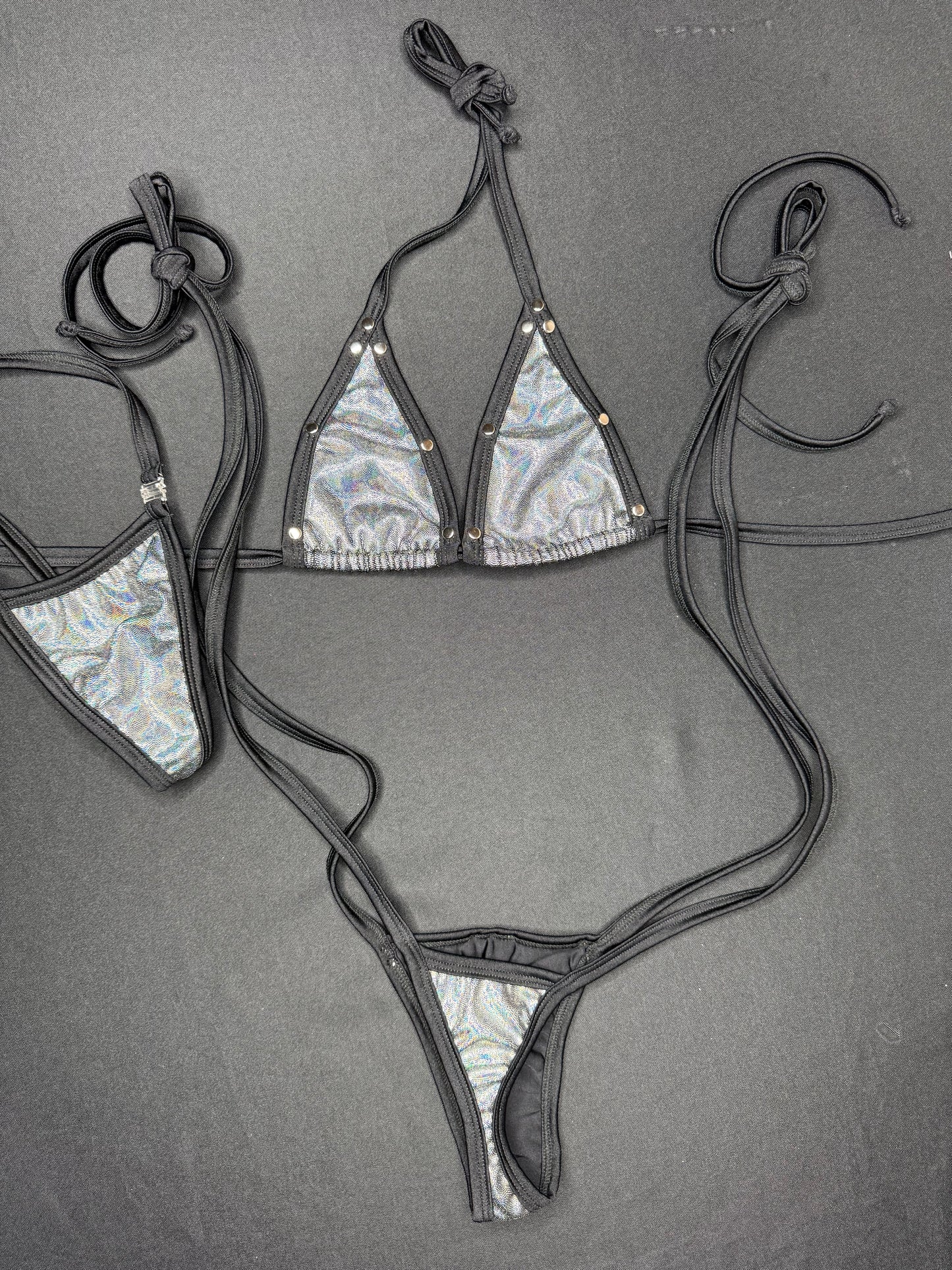 Metallic Black/Black Spandex Sling-Shot One-Piece Lingerie Outfit