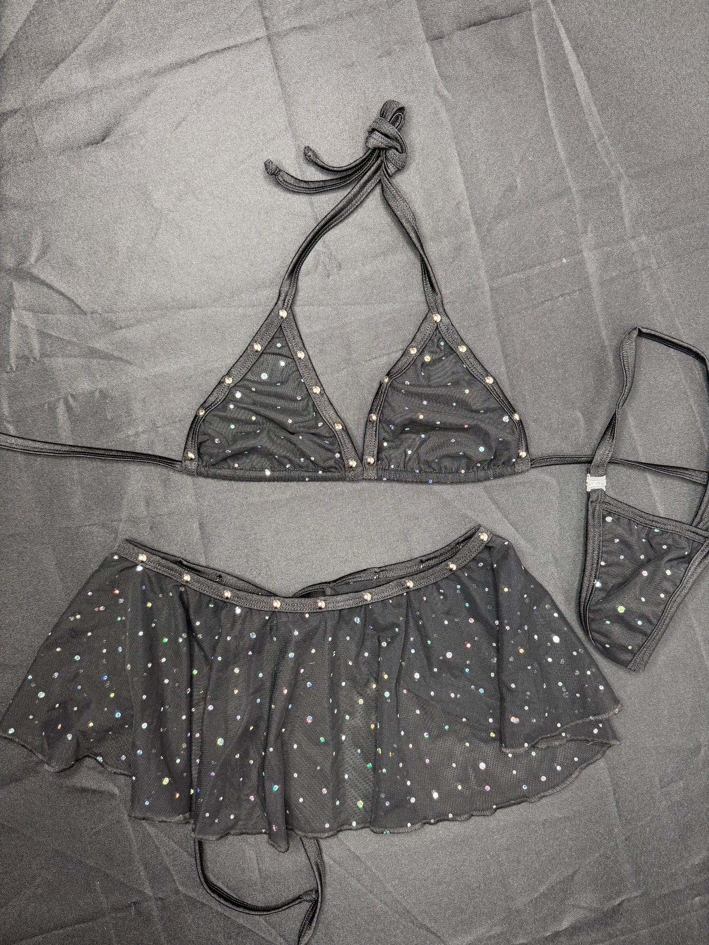 Black Mesh Bikini Top/Skirt Two-Piece Lingerie Outfit