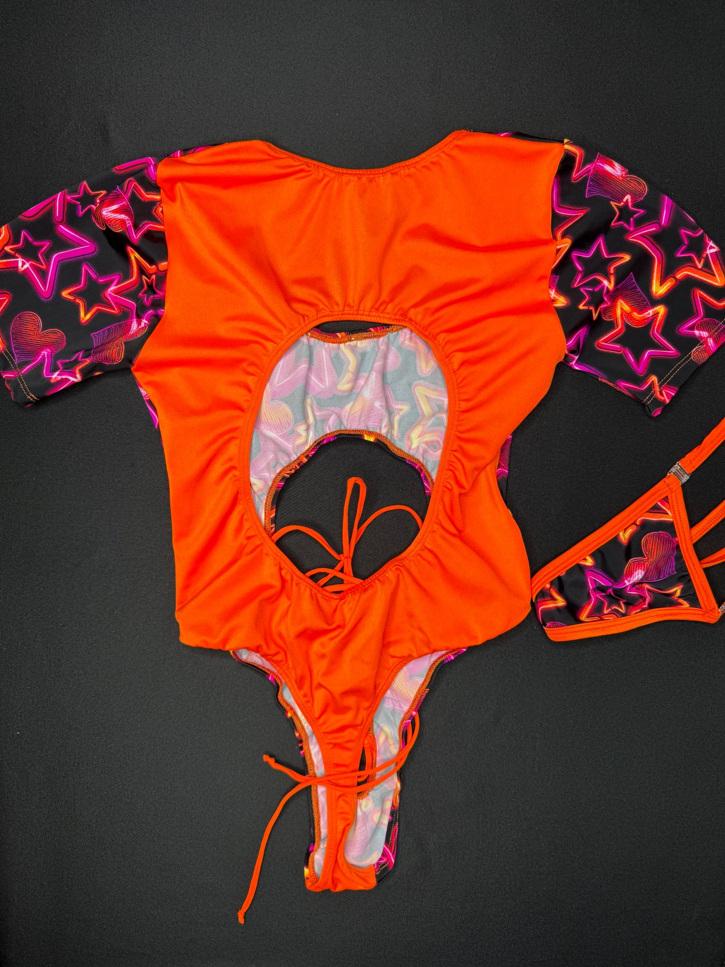 Star Print/Orange Spandex One-Piece Short Sleeve Leotard Outfit