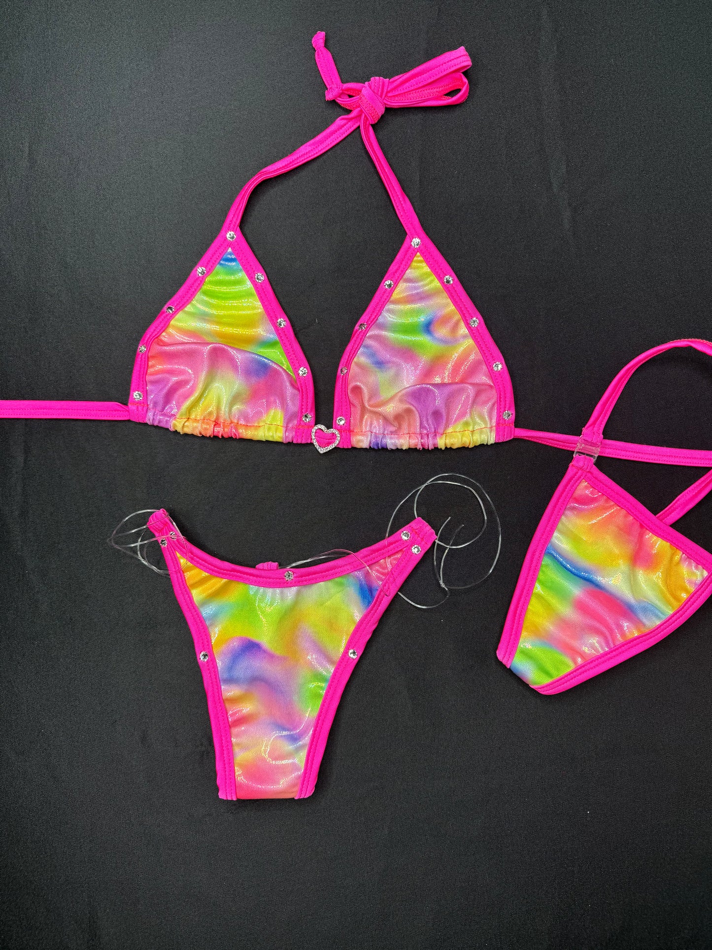 Rainbow/Hot Pink Two-Piece Silicone String Bottom Bikini Outfit