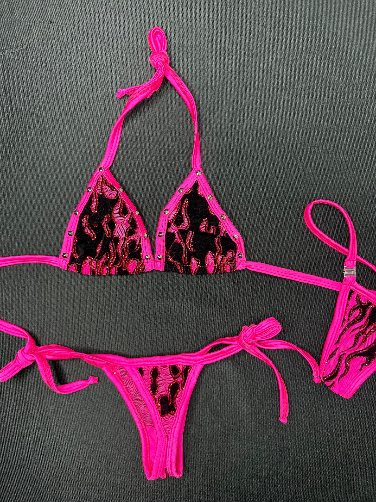 Pink Flame Mesh Two-Piece Side Tie Bikini Lingerie Outfit