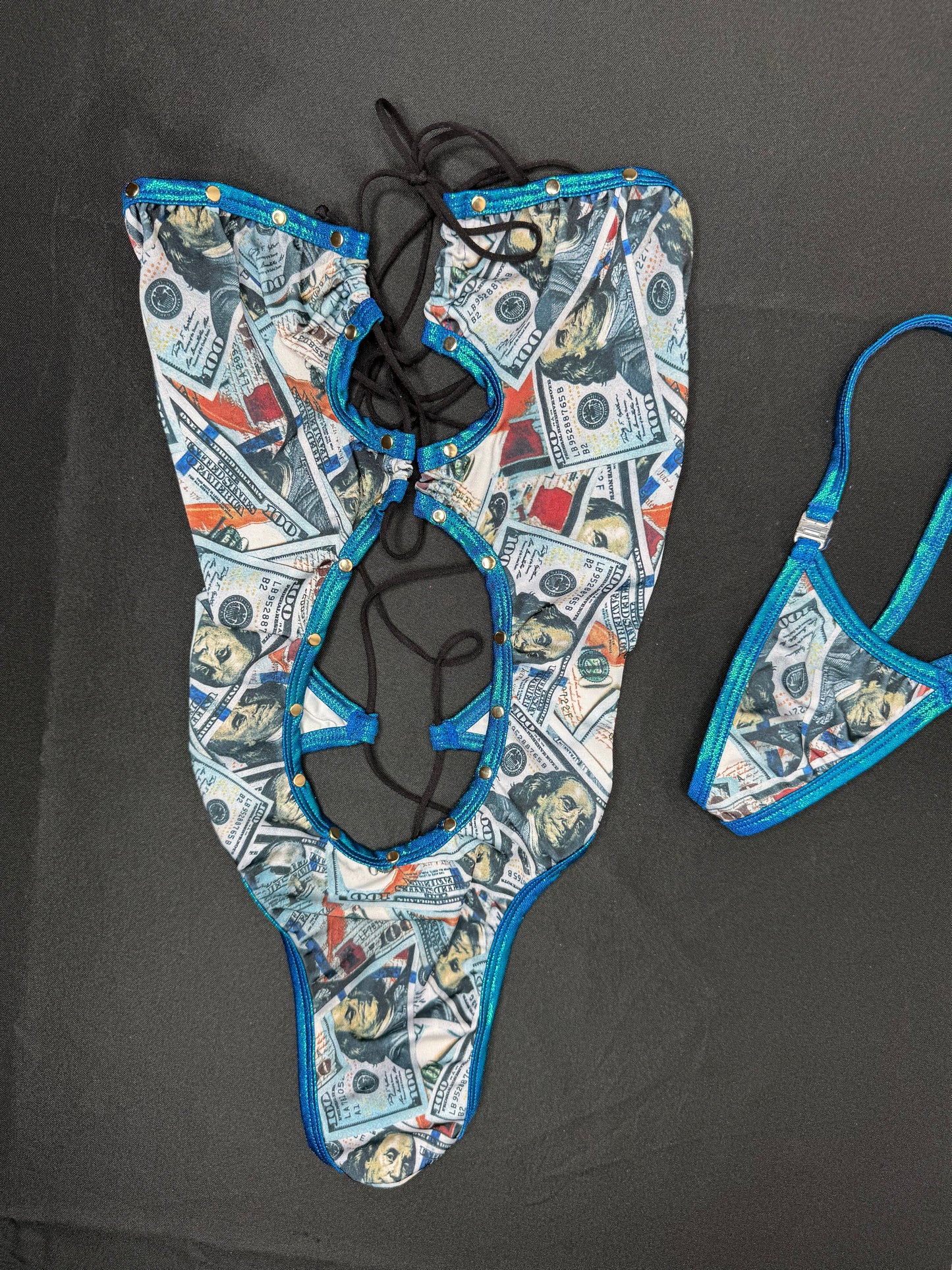 Money Print/Deep Blue Micro Dot Spandex One-Piece Lingerie Outfit