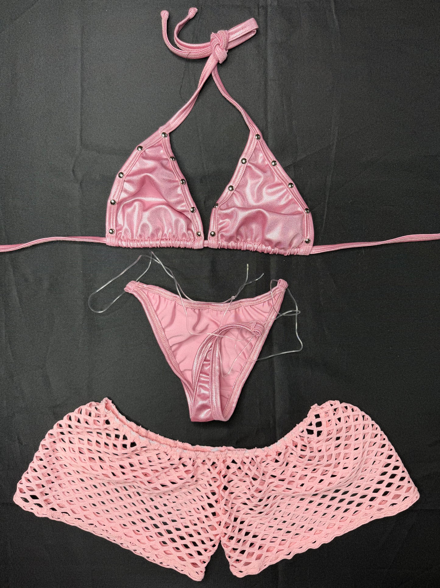 Pink Spandex Three-Piece Bikini Top/Thong/Shorts Lingerie Outfit