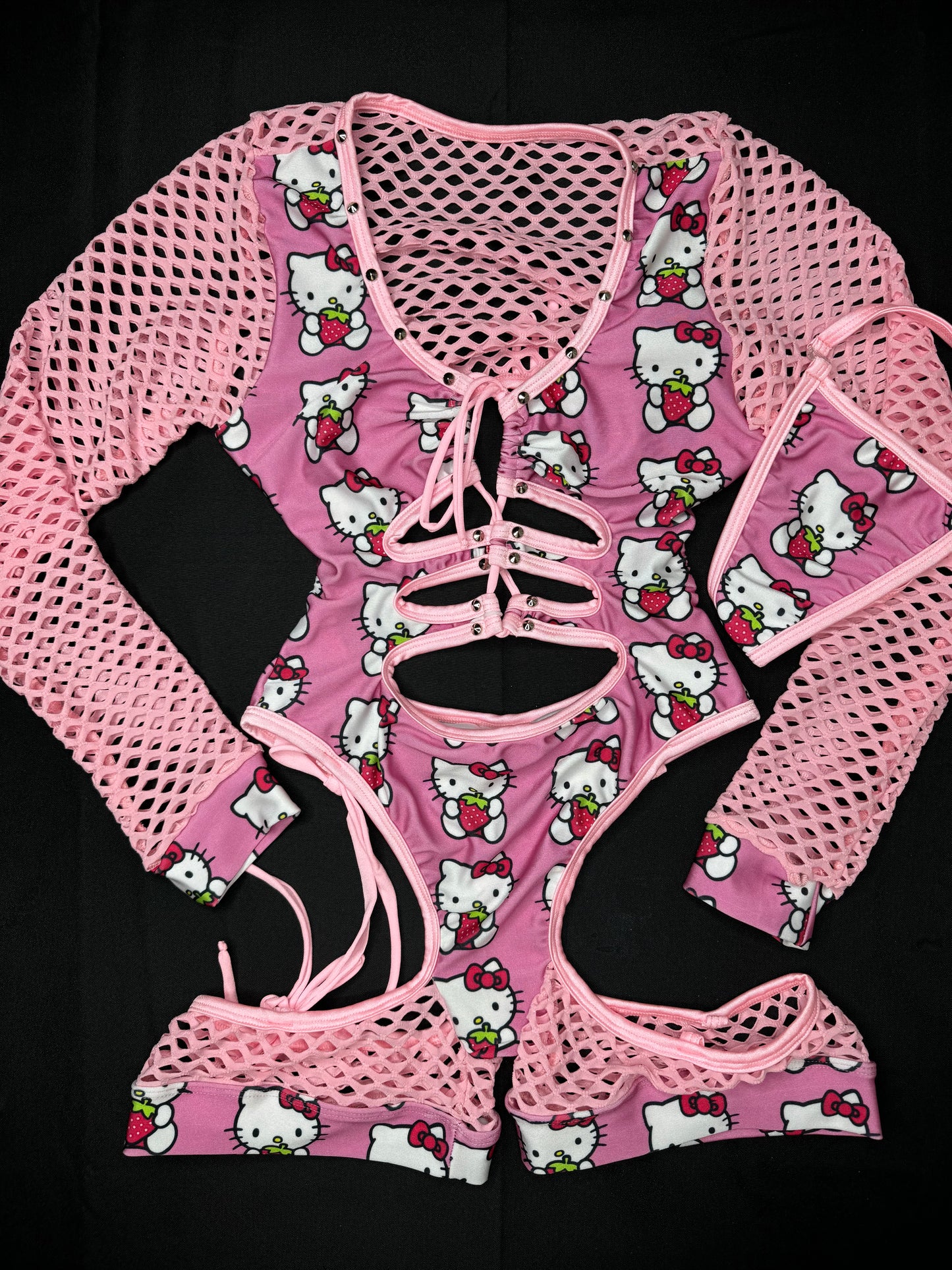 Pink Strawberry Kitty One-Piece Romper Lingerie Outfit