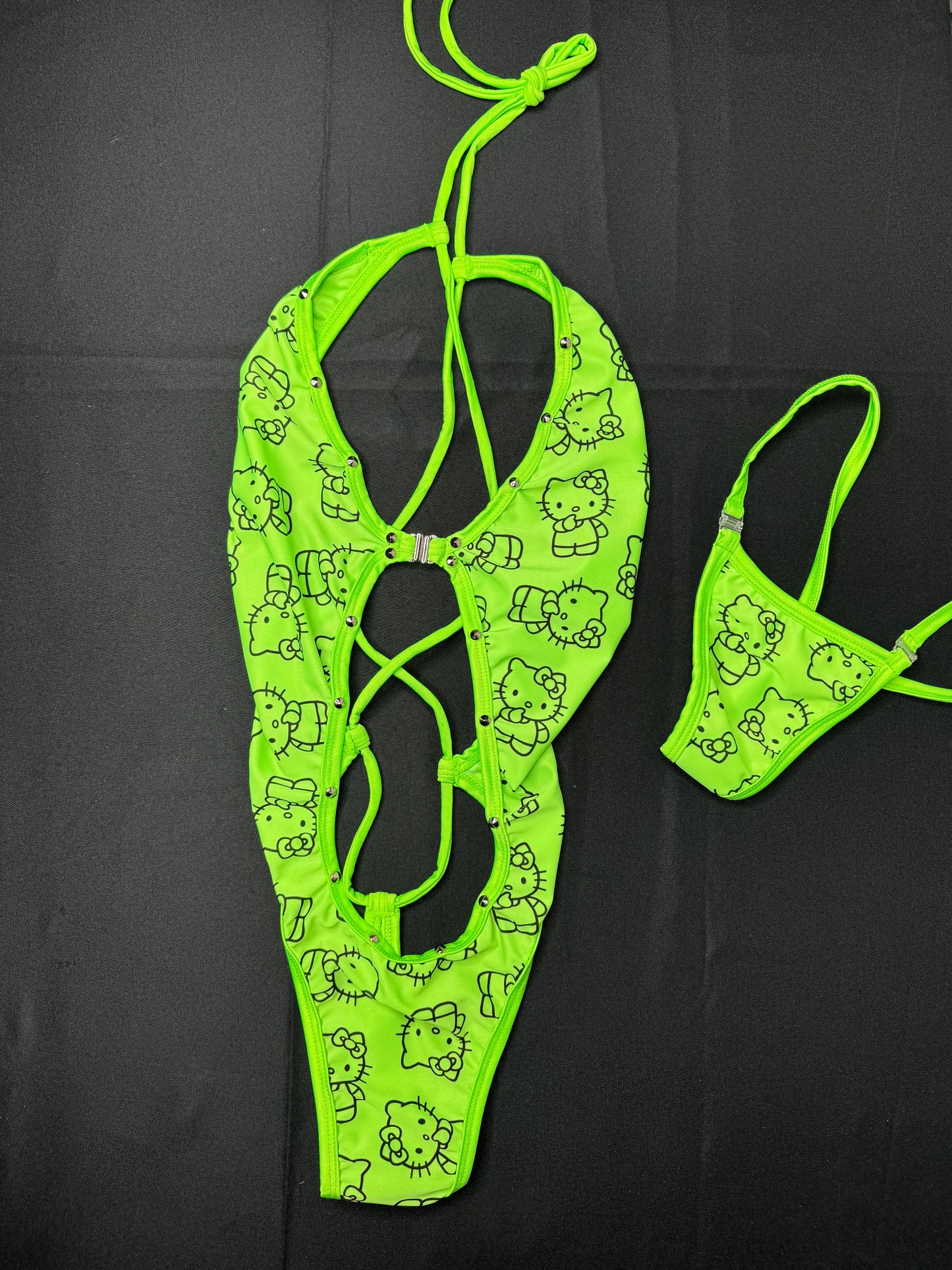 Neon Green One-Piece Front Clip Kitty Lingerie Outfit