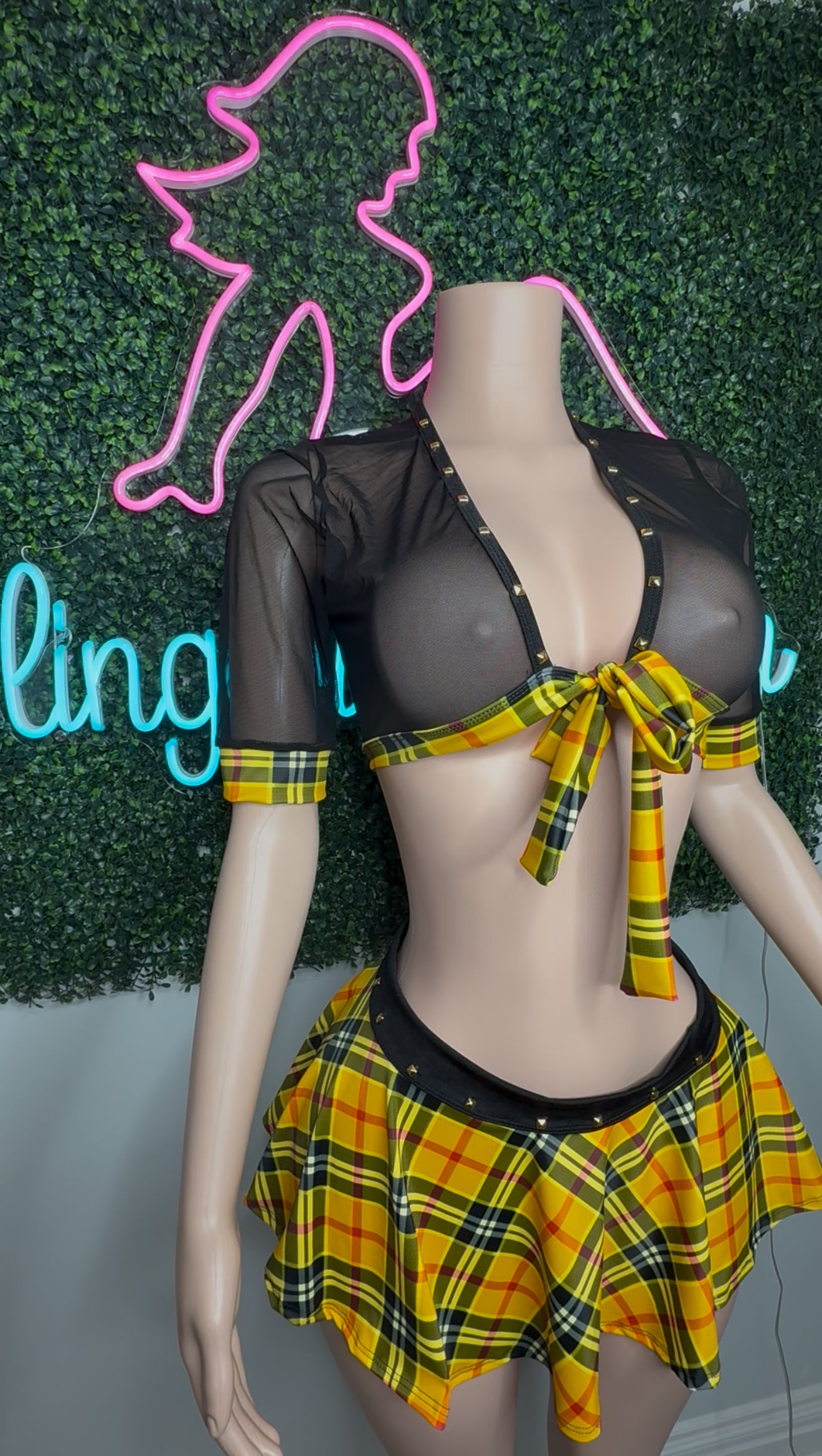 Yellow Plaid Spandex/Black Mesh Top School Girl Lingerie Outfit