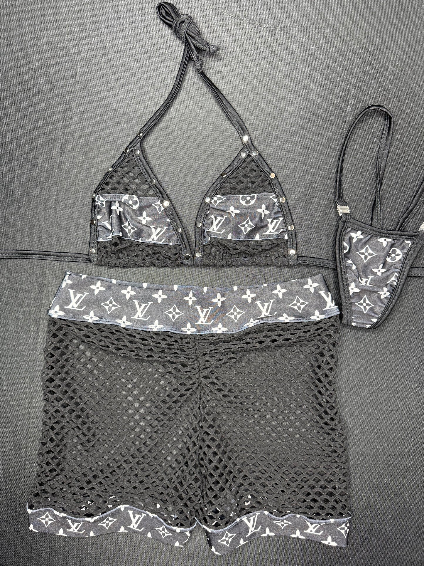 Designer Black/White Spandex/Fishnet Bikini Top/Shorts Two-Piece Lingerie Outfit