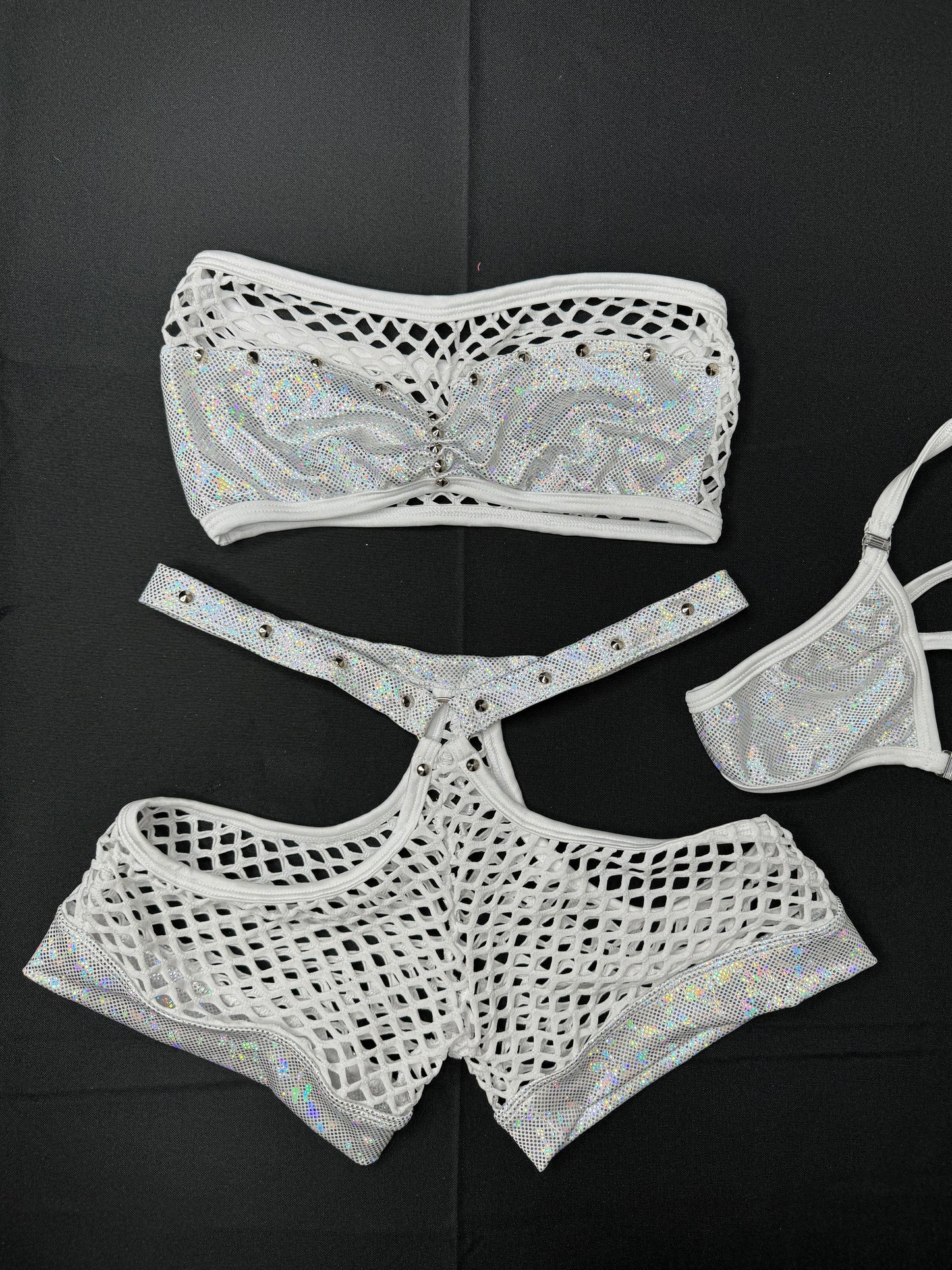 Metallic White/Silver Tube Top & White Fishnet Shorts Dance Wear