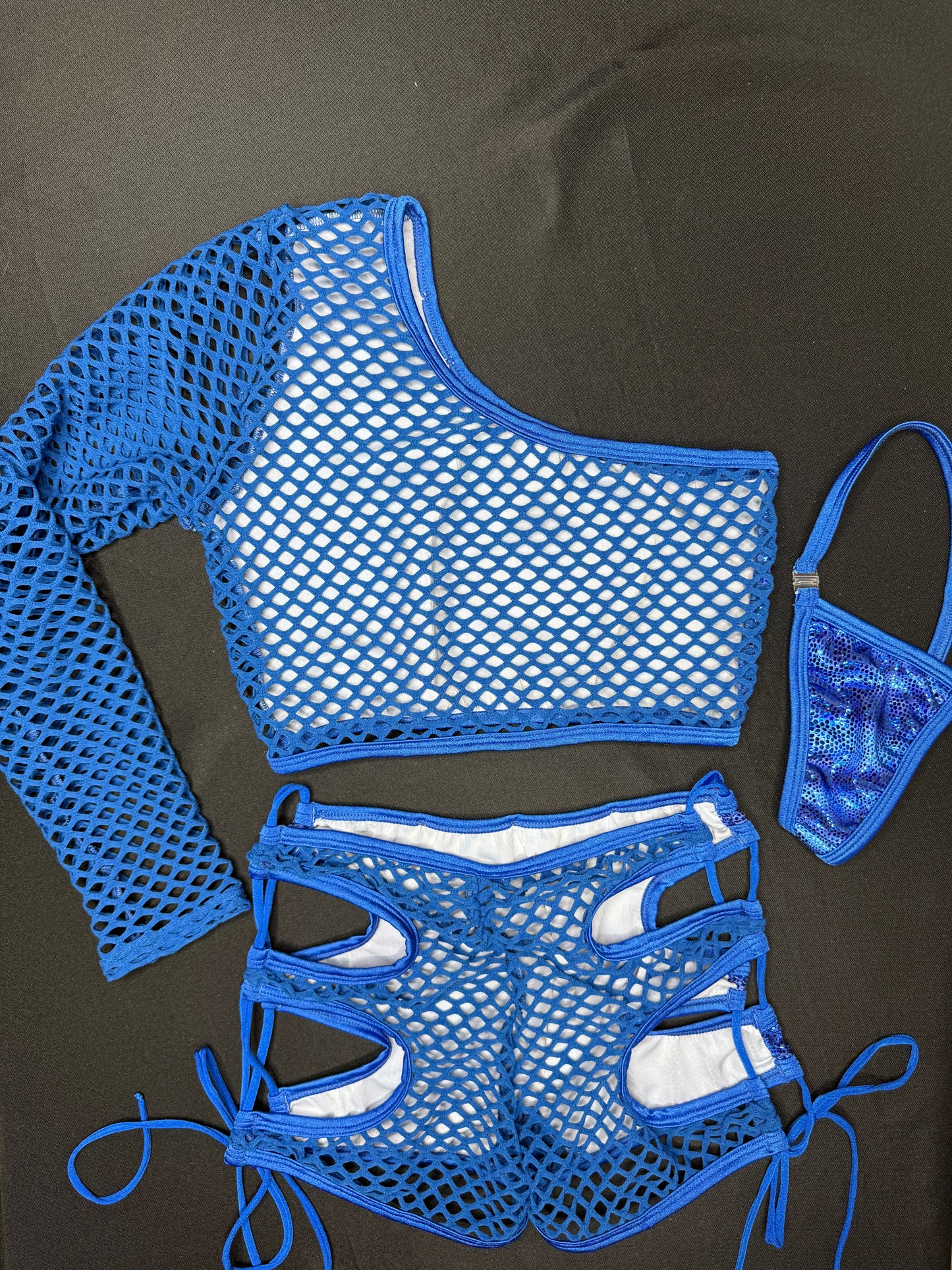 Royal Blue Animal Print Metallic Spandex/Blue Spandex Fishnet Single Sleeve/Shorts Two-Piece Lingerie Outfit