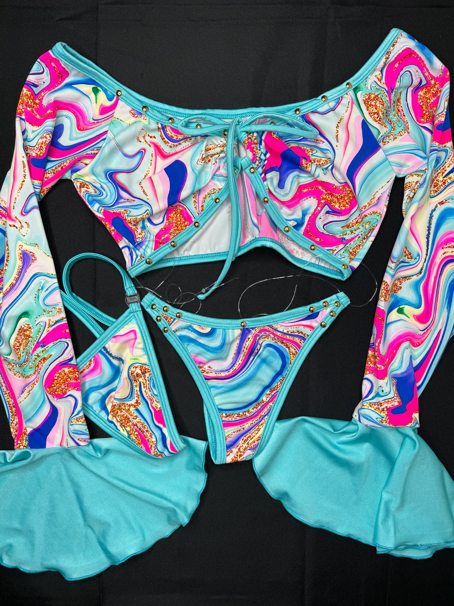Mint Glitter Bomb Two-Piece Long Sleeve Fringe Exotic Dancer Outfit