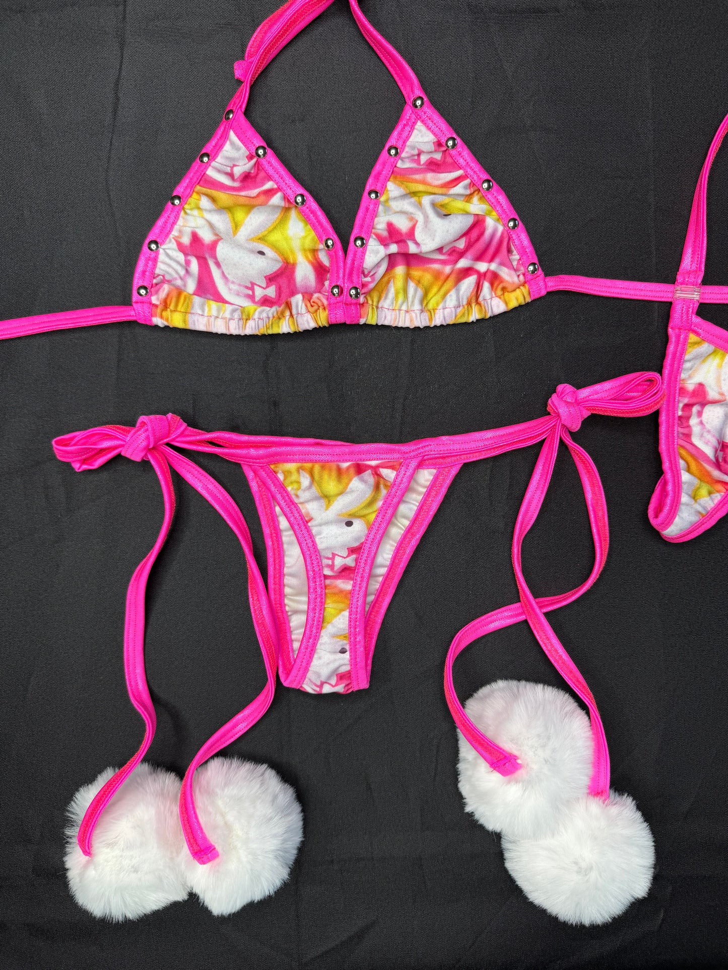 Bunny/Hot Pink Spandex Two-Piece Pom Pom Bikini Lingerie Outfit