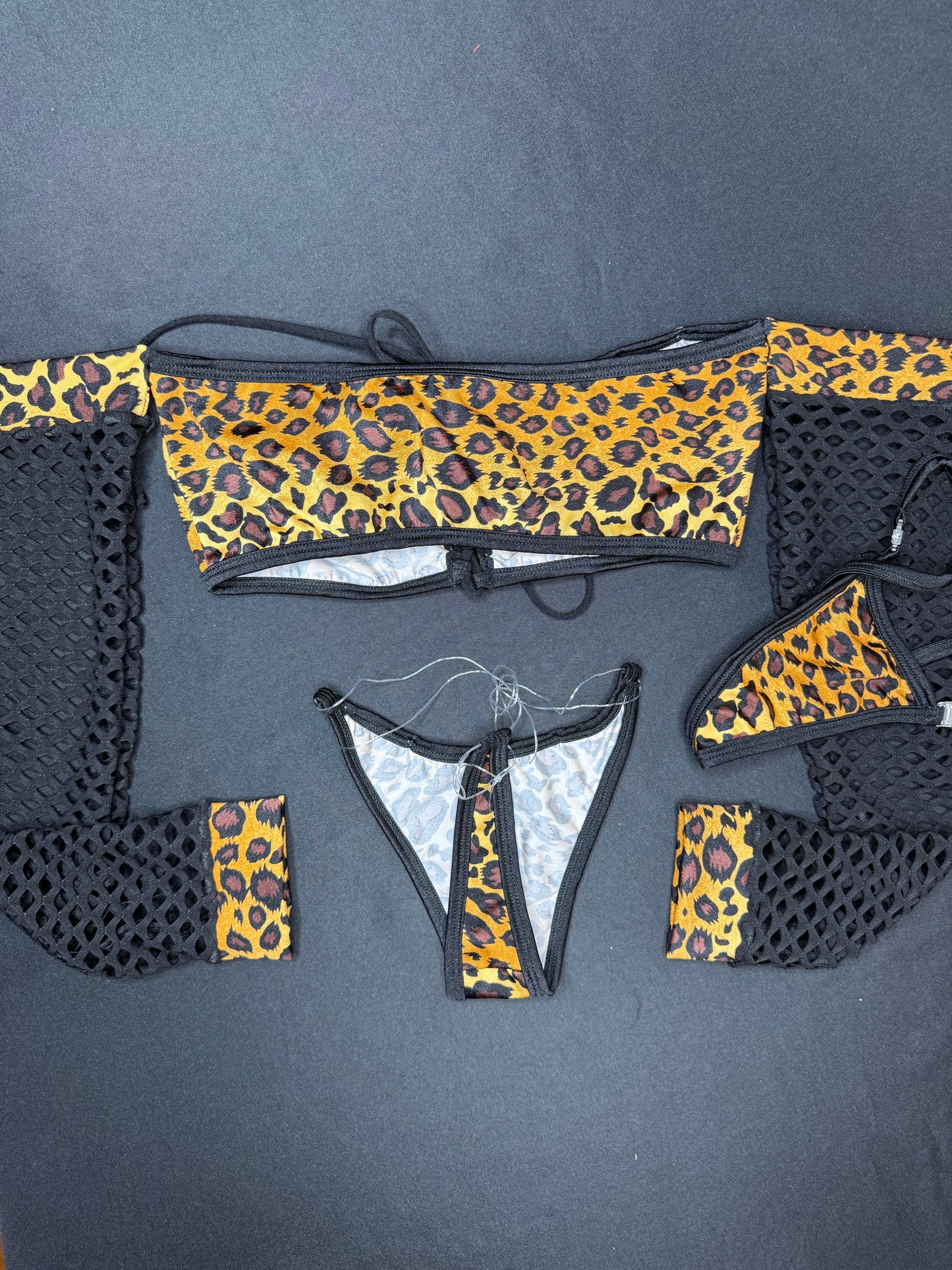 Cheetah Animal Print Black Long Sleeve Fishnet Spandex/Silicone String Bottoms Two-Piece Lingerie Outfit