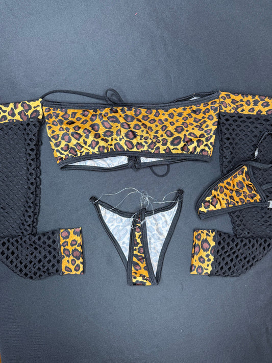 Cheetah Animal Print Black Long Sleeve Fishnet Spandex/Silicone String Bottoms Two-Piece Lingerie Outfit