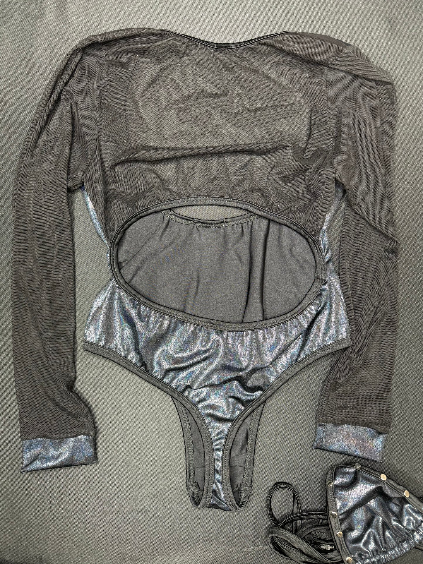 Metallic Black/Black Mesh One-Piece Leotard Lingerie Outfit