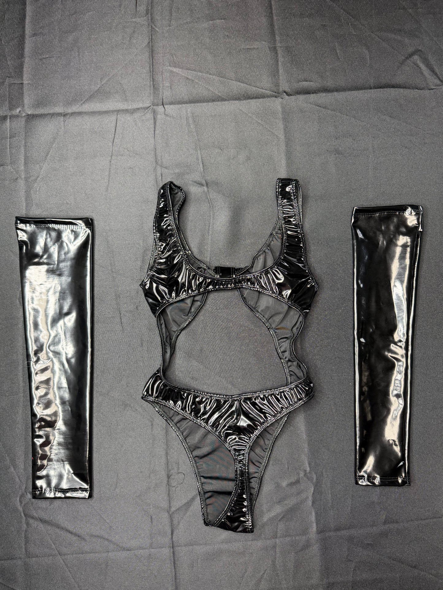 Black Latex One-Piece Lingerie Outfit with Sleeves