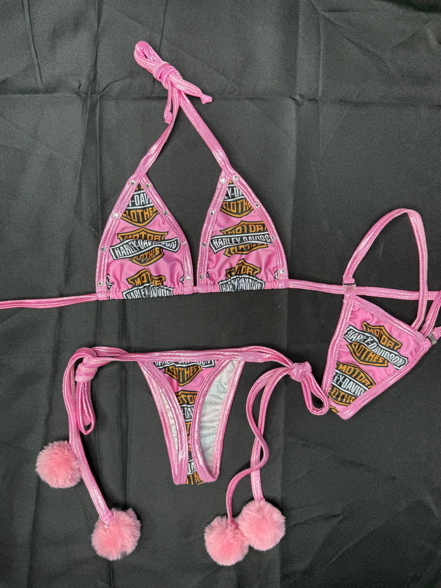 Pink Harley Spandex Fur Ball Side-Tie Bikini Two-Piece Lingerie Outfit