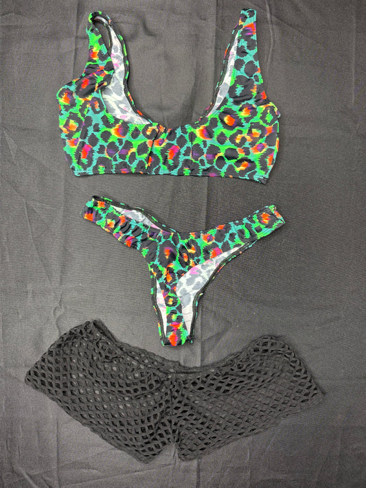 Green Leopard Animal Print Three-Piece Sports Bra/Cheeky Thong & Shorts Lingerie Outfit
