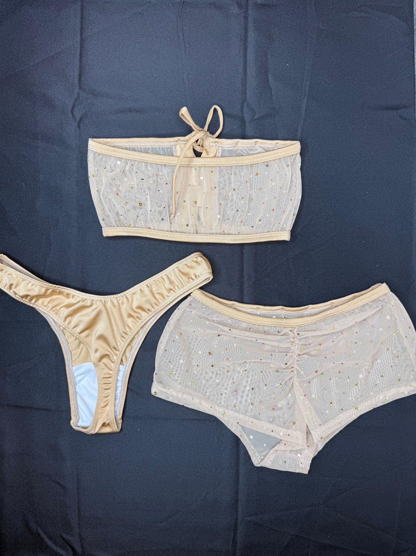 Gold Mesh Tube Top/Shorts Cheeky Thong Three Piece Lingerie Outfit