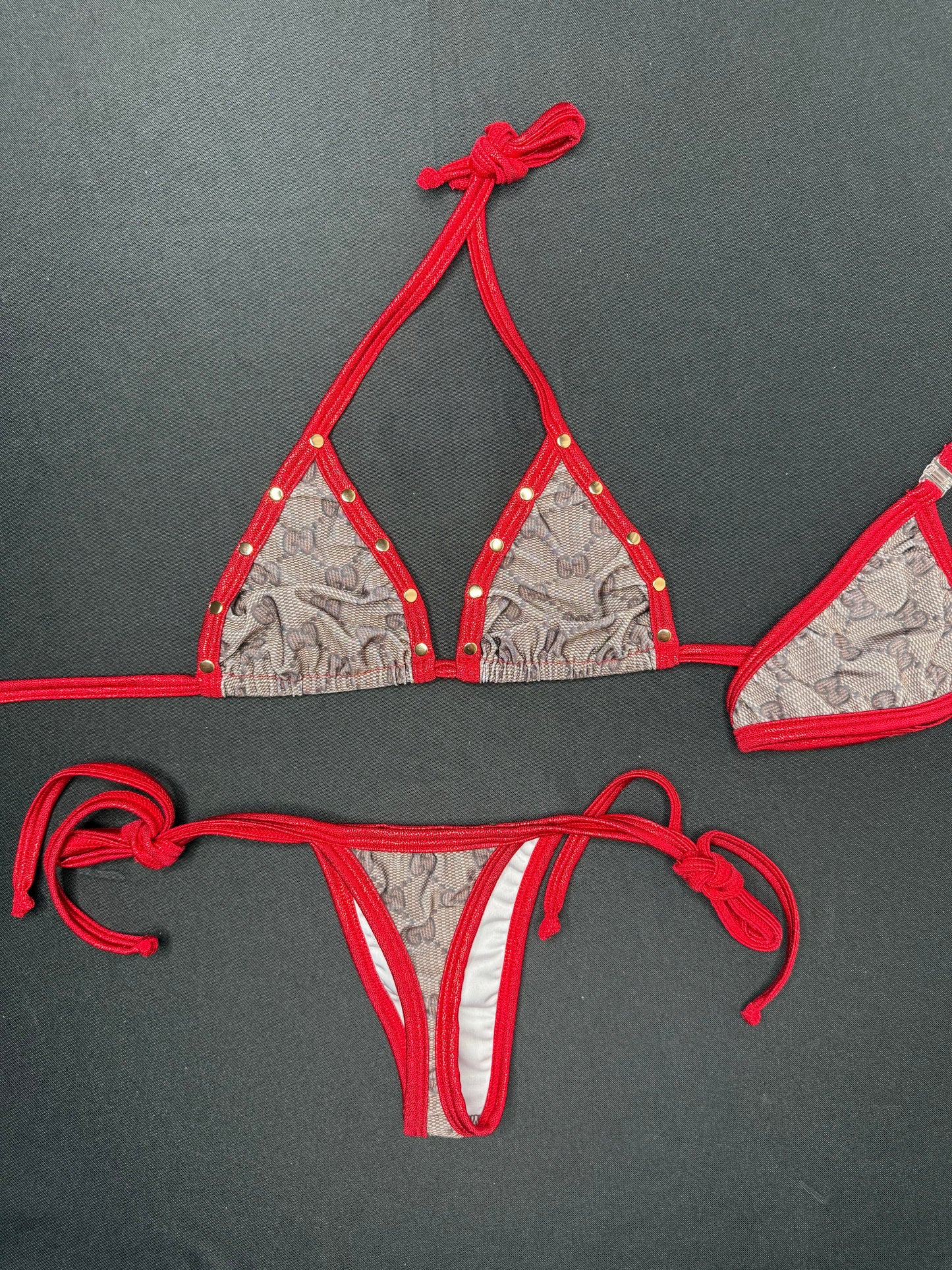 Metallic Red/Brown Designer Spandex Two-Piece Bikini Lingerie Outfit