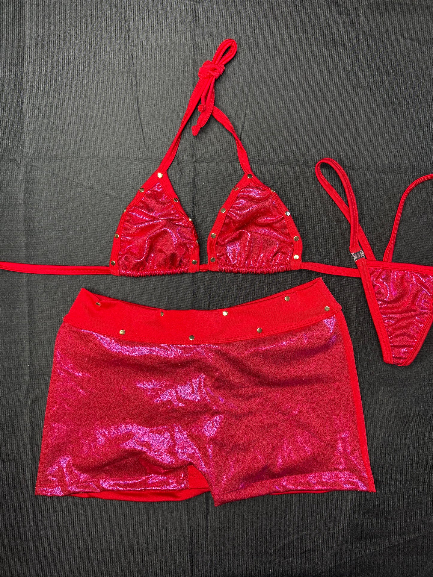 Metallic Cherry Red Bikini Top/Shorts Two-Piece Lingerie Outfit