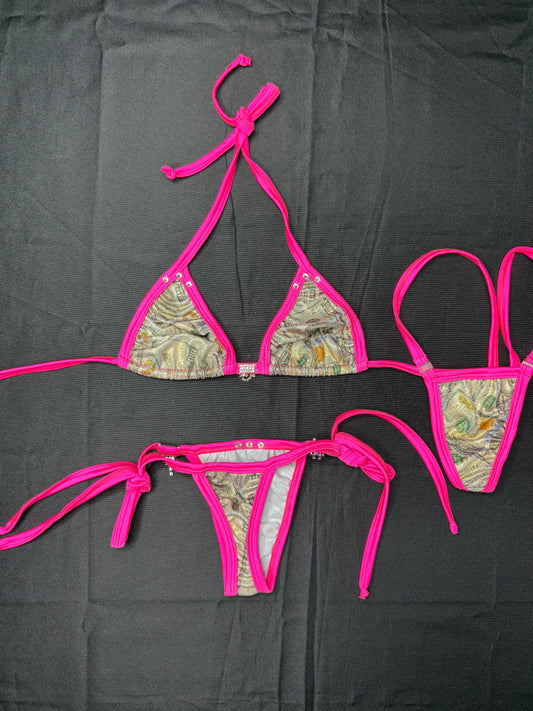 Holographic Money Print/Hot Pink Spandex Two-Piece Lingerie Outfit