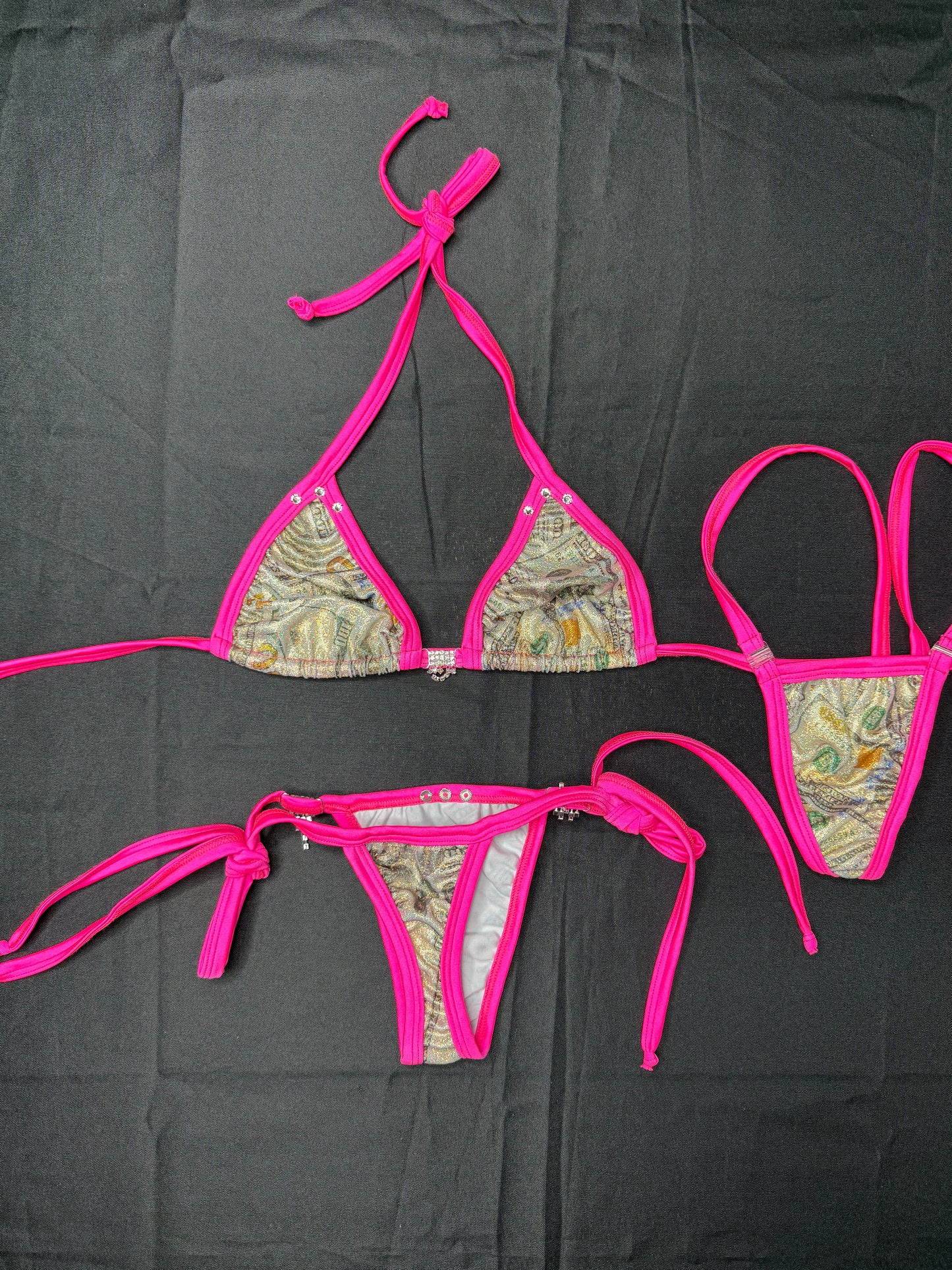 Holographic Money Print/Hot Pink Spandex Two-Piece Lingerie Outfit