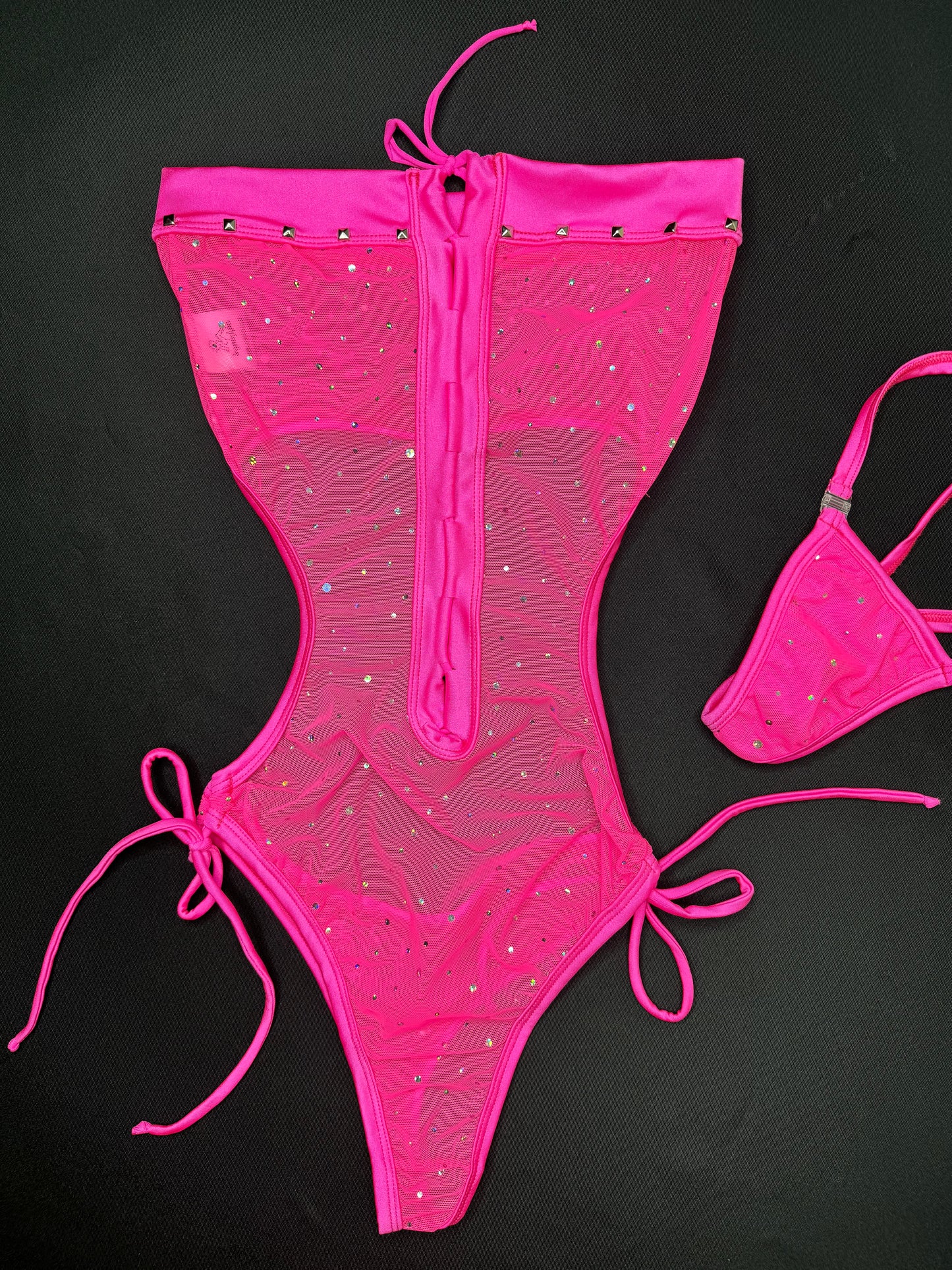 Hot Pink Sparkle Mesh One-Piece Lingerie Outfit