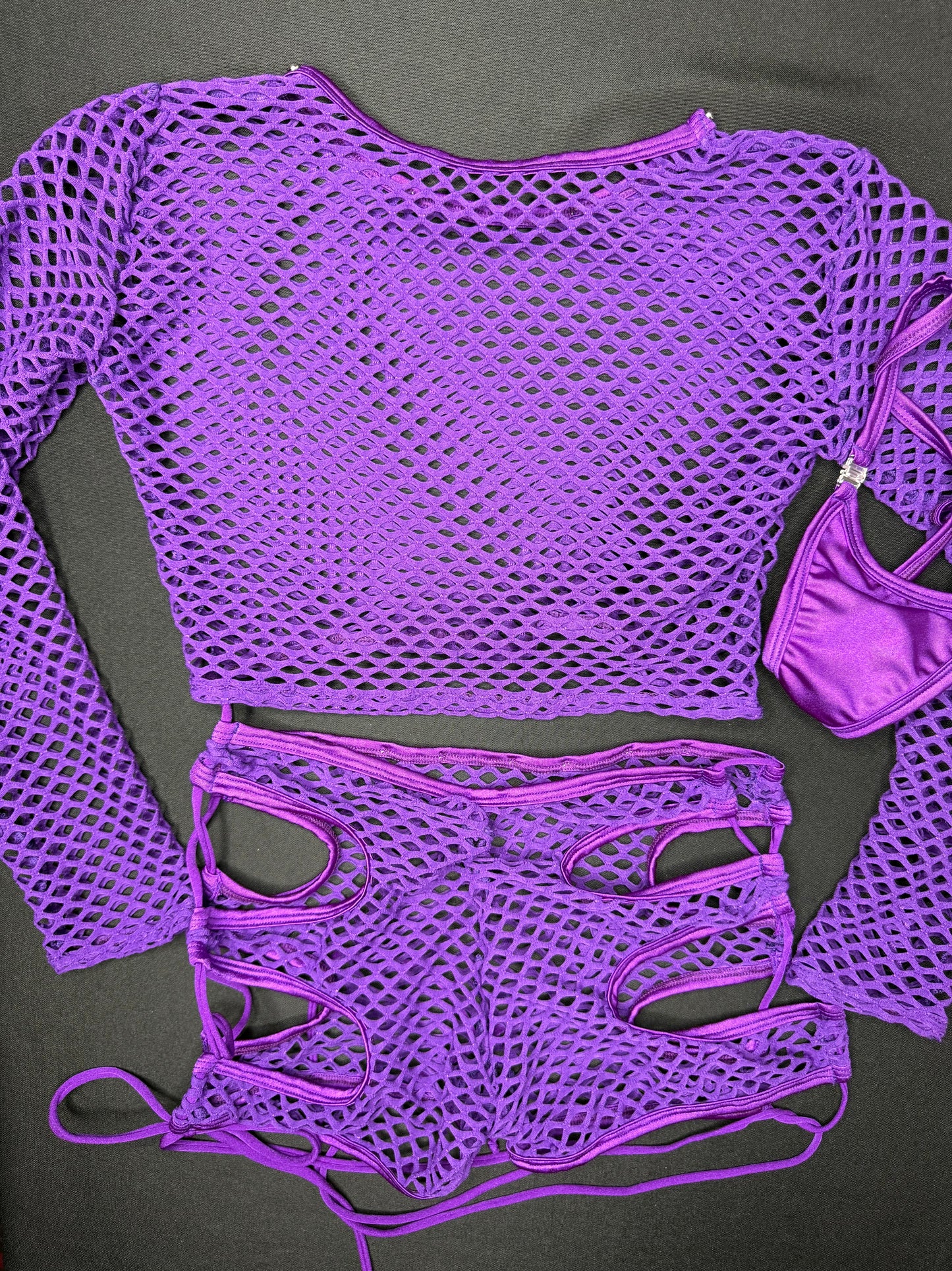 Purple Fishnet Long Sleeve Top/Shorts Two-Piece Lingerie Outfit