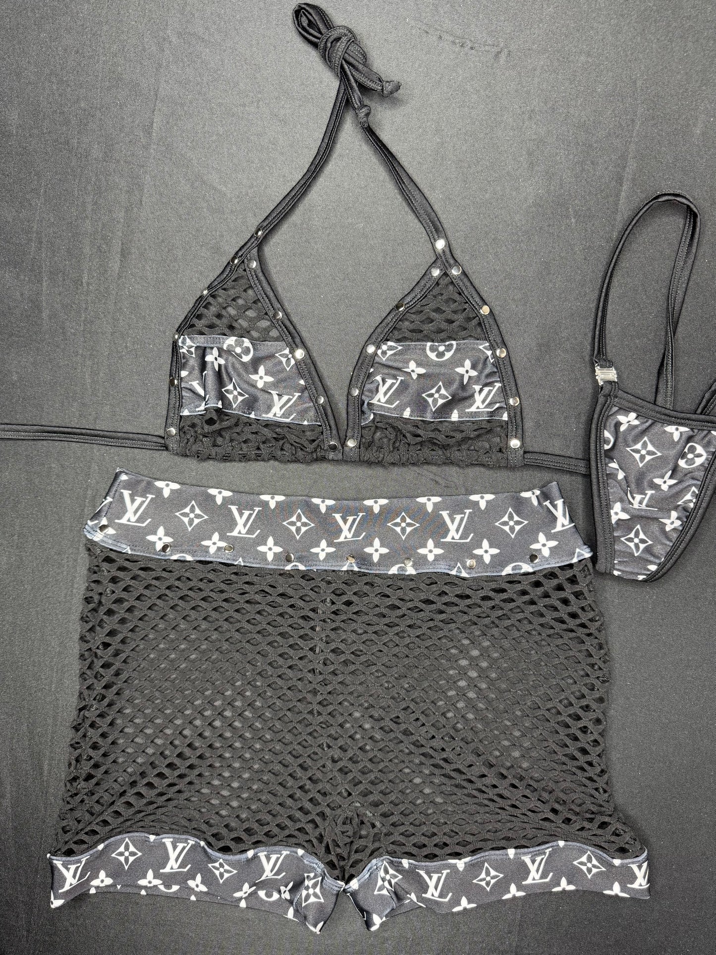 Designer Black/White Spandex/Fishnet Bikini Top/Shorts Two-Piece Lingerie Outfit