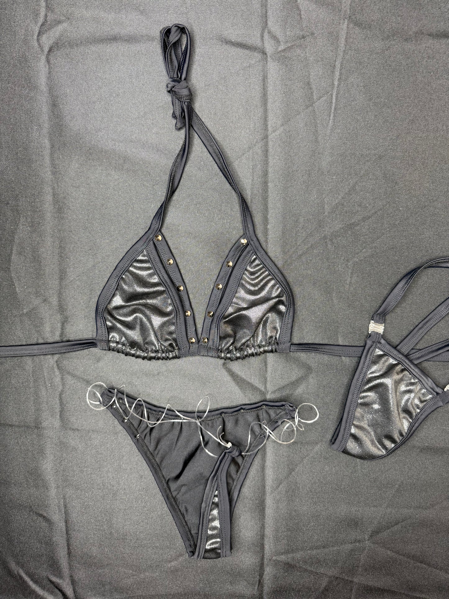 Metallic Black Spandex Two-Piece Silicone String Bottoms Bikini Lingerie Outfit